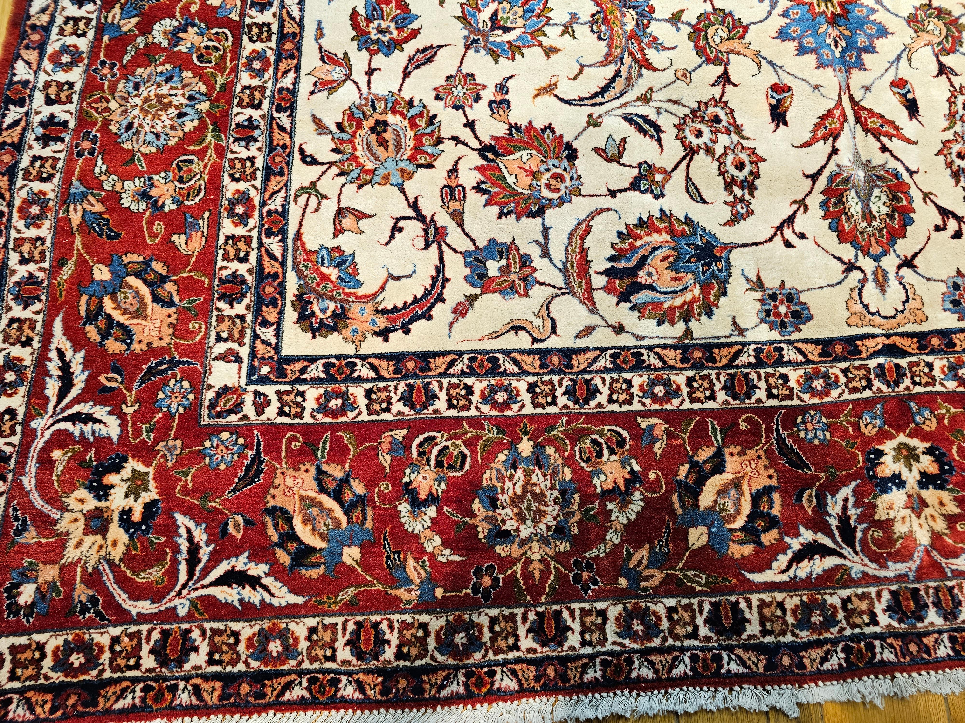Vintage Room Size Persian Isfahan in Allover Floral Pattern in Ivory, Red, Blue For Sale 3