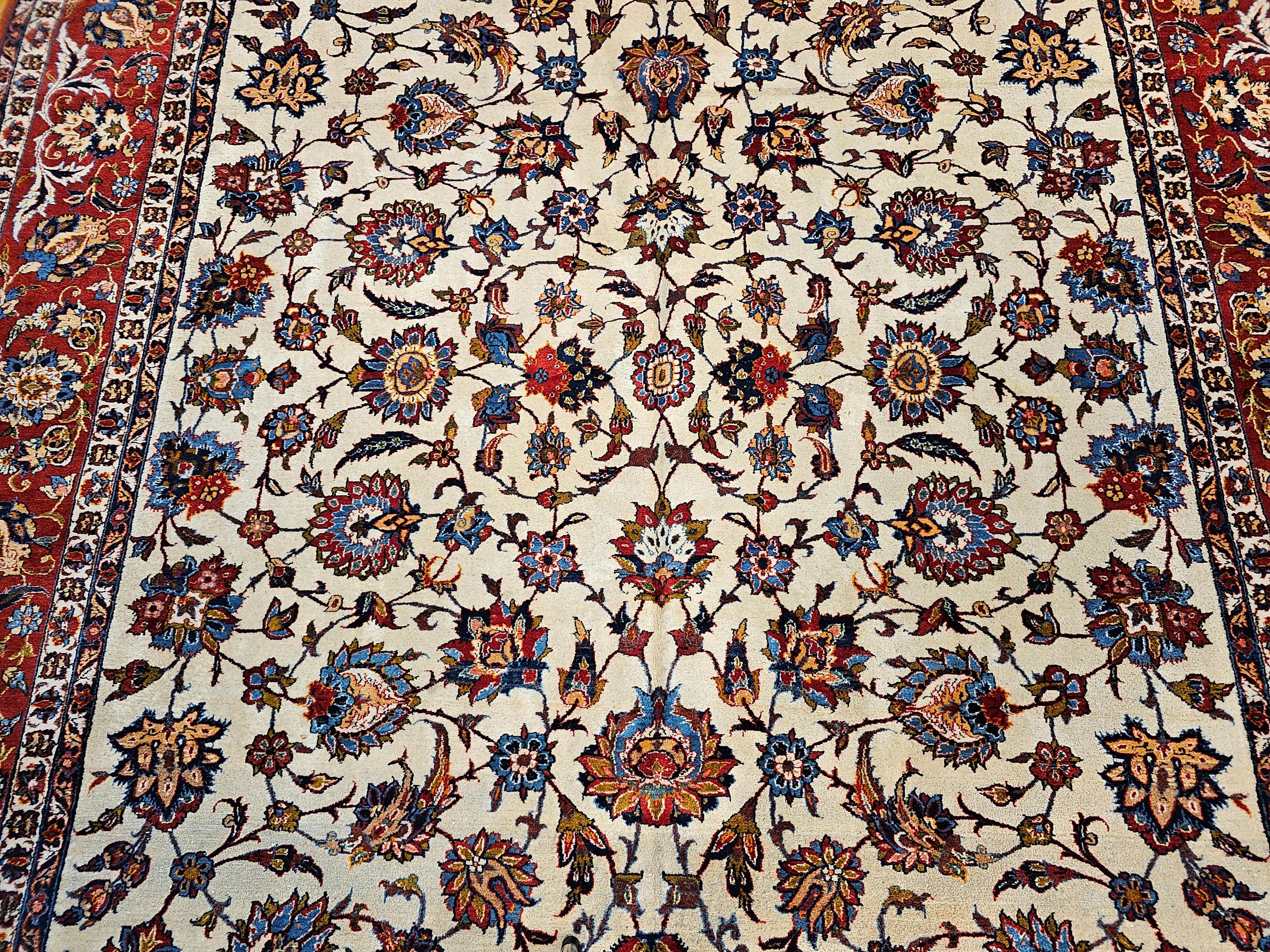 Wool Vintage Room Size Persian Isfahan in Allover Floral Pattern in Ivory, Red, Blue For Sale