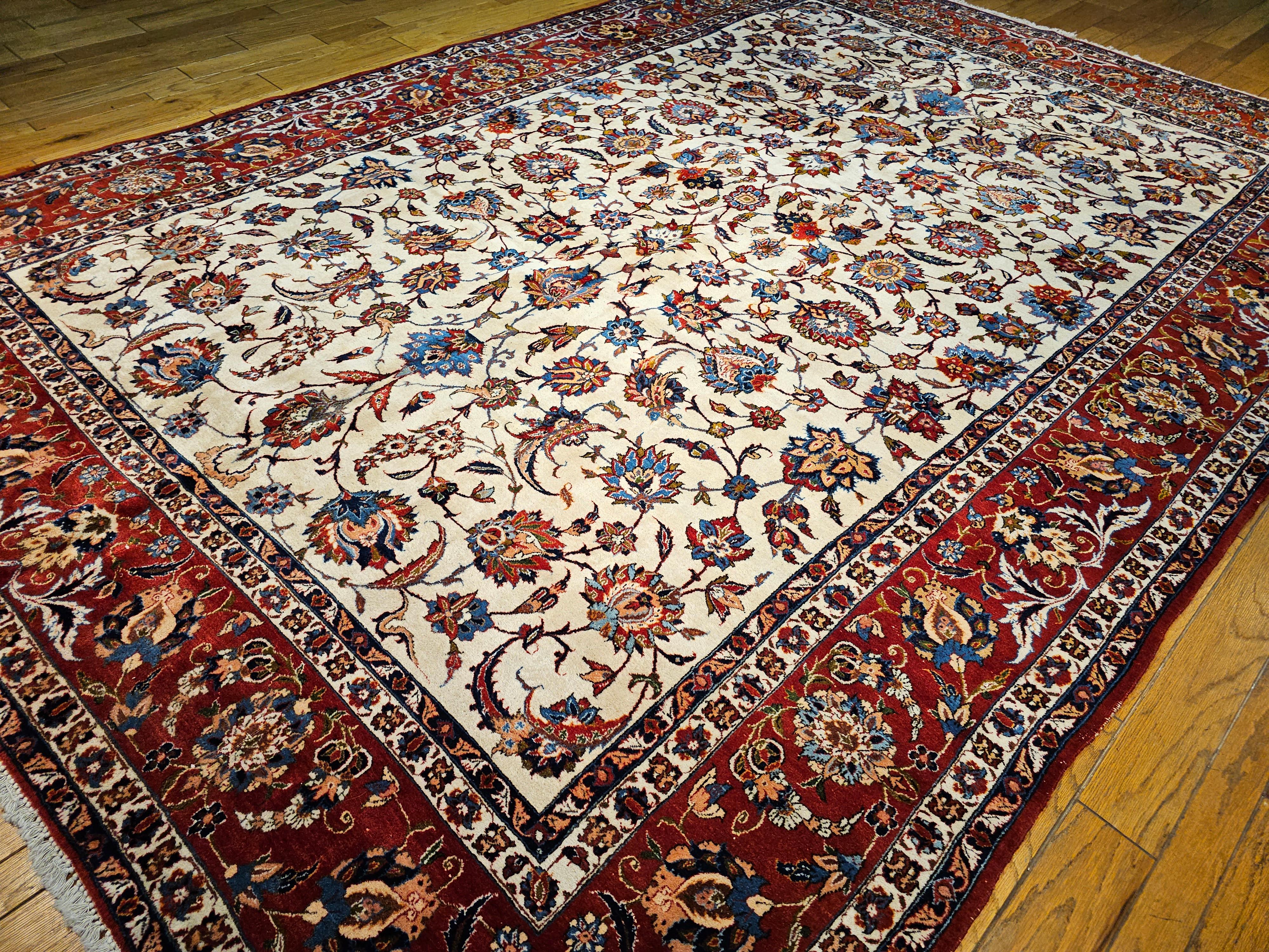 Vintage Room Size Persian Isfahan in Allover Floral Pattern in Ivory, Red, Blue For Sale 4