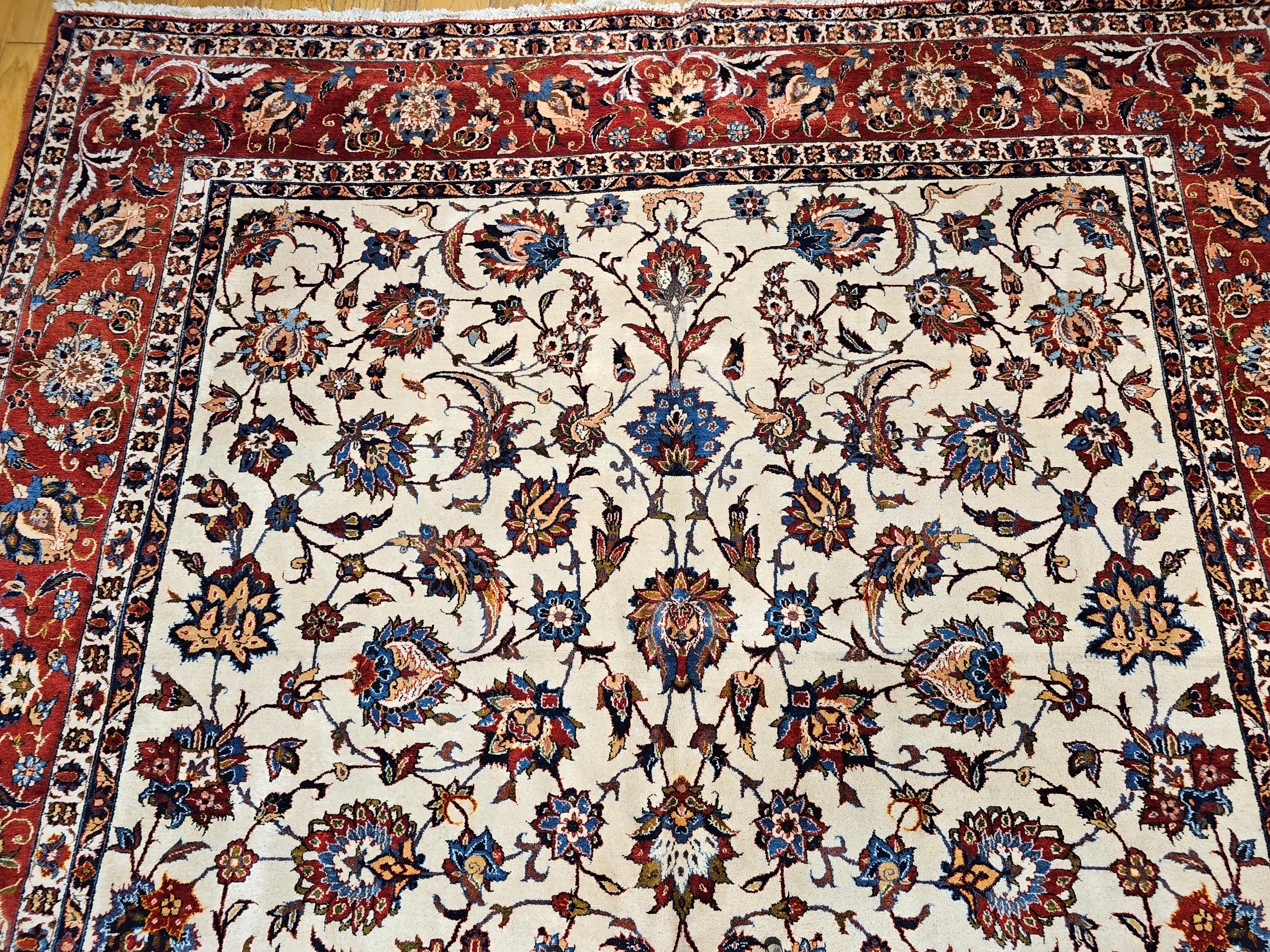 20th Century Vintage Room Size Persian Isfahan in Allover Floral Pattern in Ivory, Red, Blue For Sale