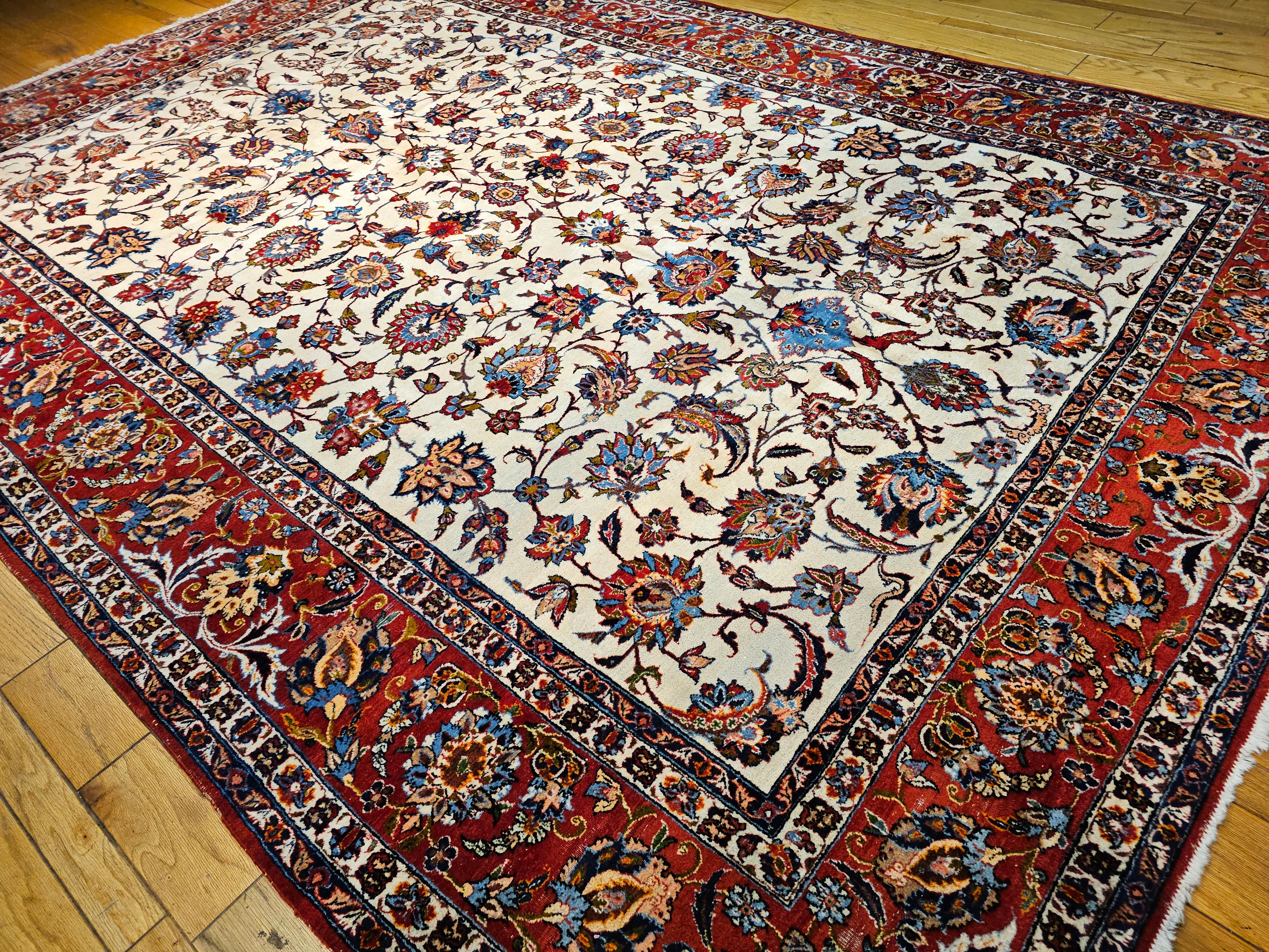 Vintage Room Size Persian Isfahan in Allover Floral Pattern in Ivory, Red, Blue For Sale 5