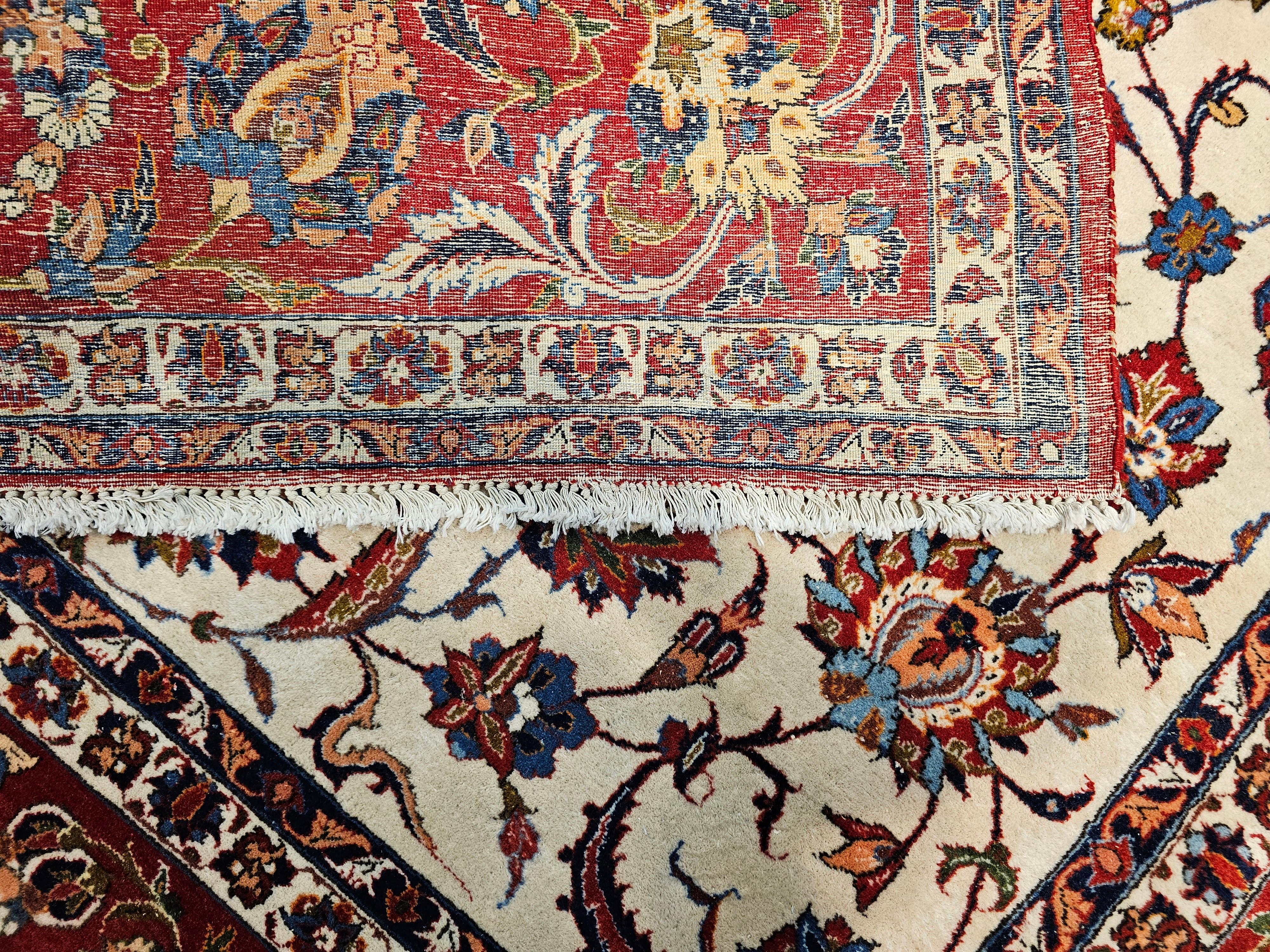 Vintage Room Size Persian Isfahan in Allover Floral Pattern in Ivory, Red, Blue For Sale 7