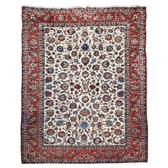 Used Room Size Persian Isfahan in Allover Floral Pattern in Ivory, Red, Blue