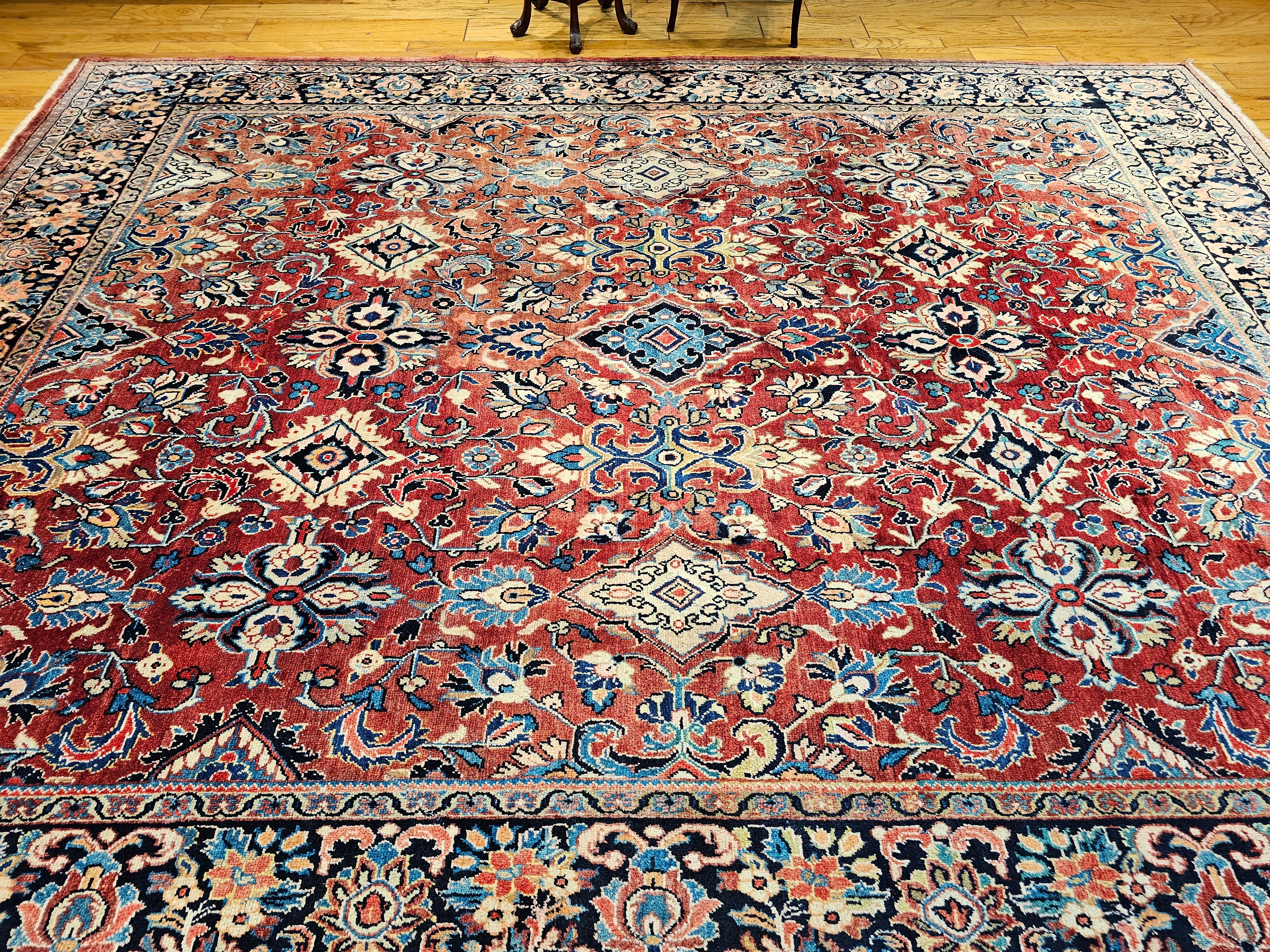 Vintage Room Size Persian Mahal Sultanabad in Allover Floral Design in Red, Navy For Sale 7