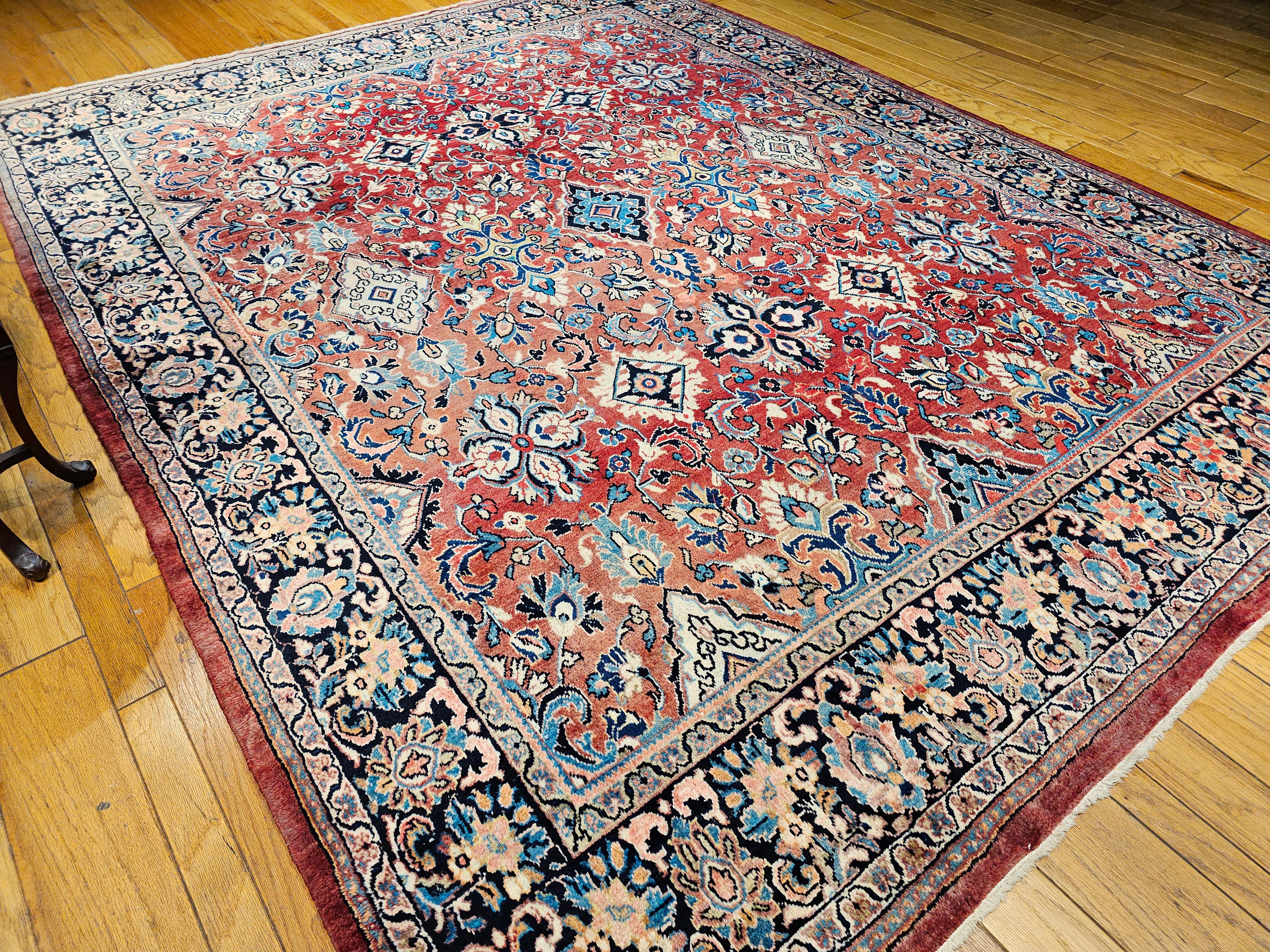 Vintage Room Size Persian Mahal Sultanabad in Allover Floral Design in Red, Navy For Sale 8