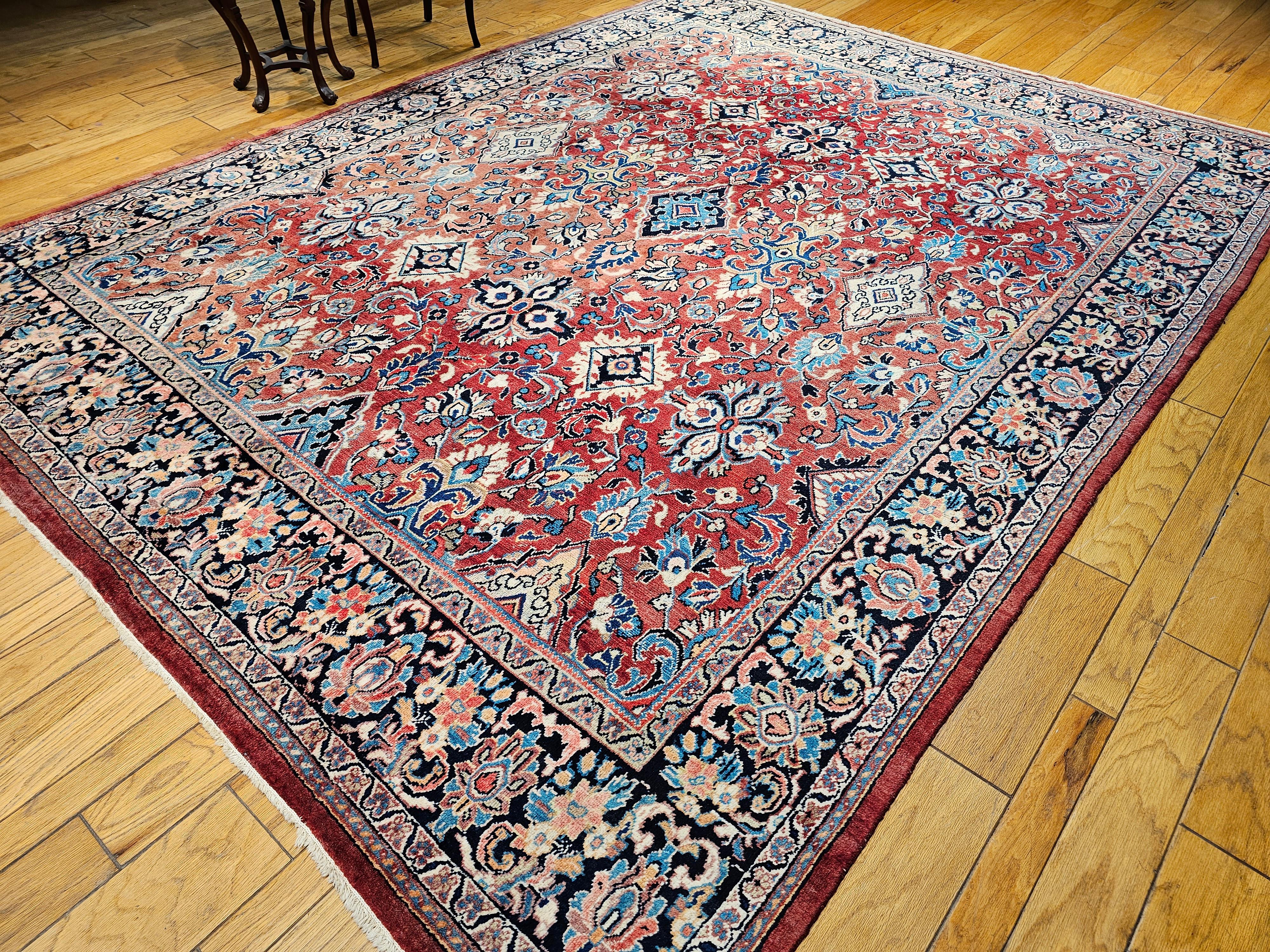 Vintage Room Size Persian Mahal Sultanabad in Allover Floral Design in Red, Navy For Sale 9