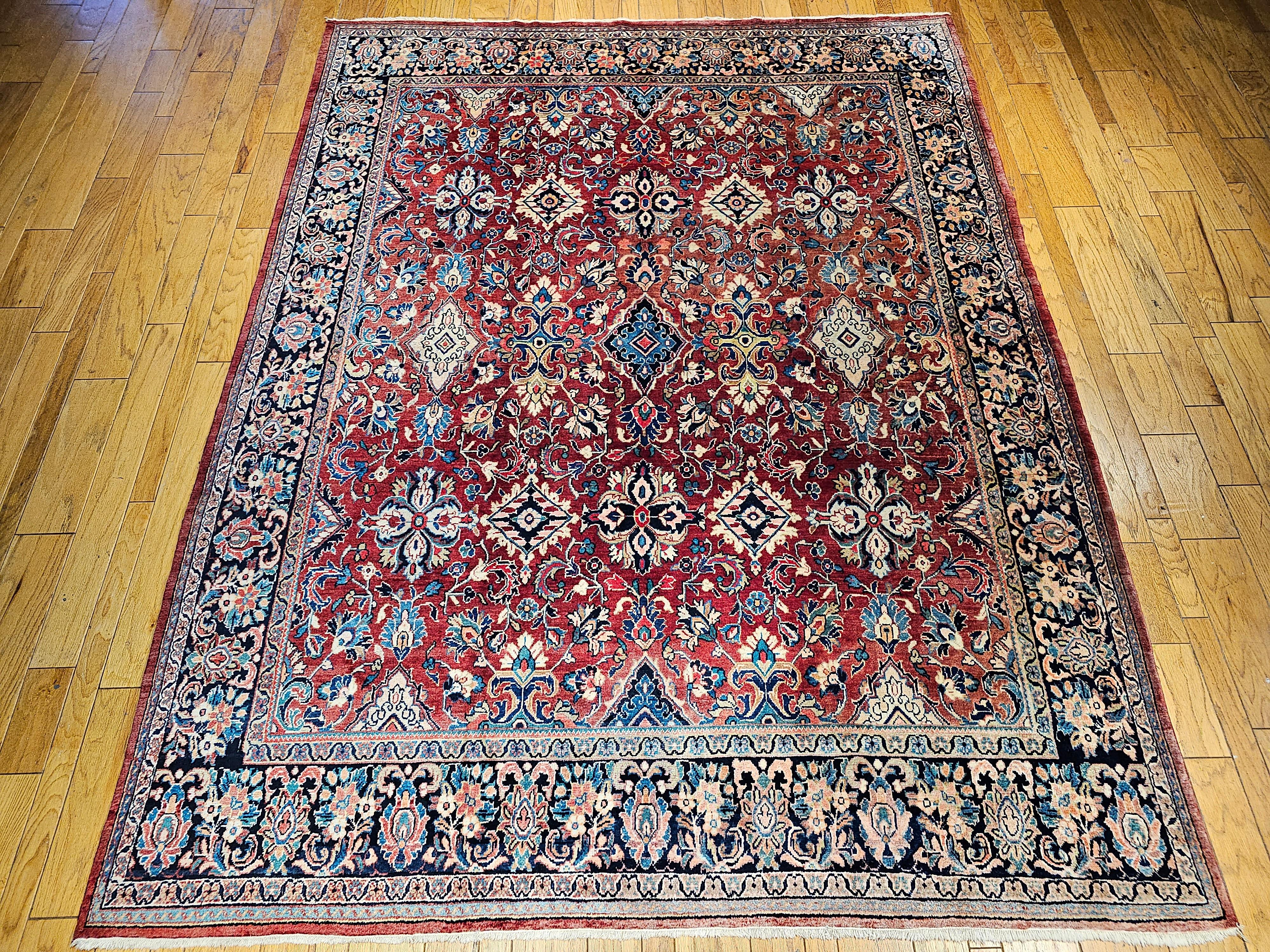 Vintage Room Size Persian Mahal Sultanabad in Allover Floral Design in Red, Navy For Sale 10