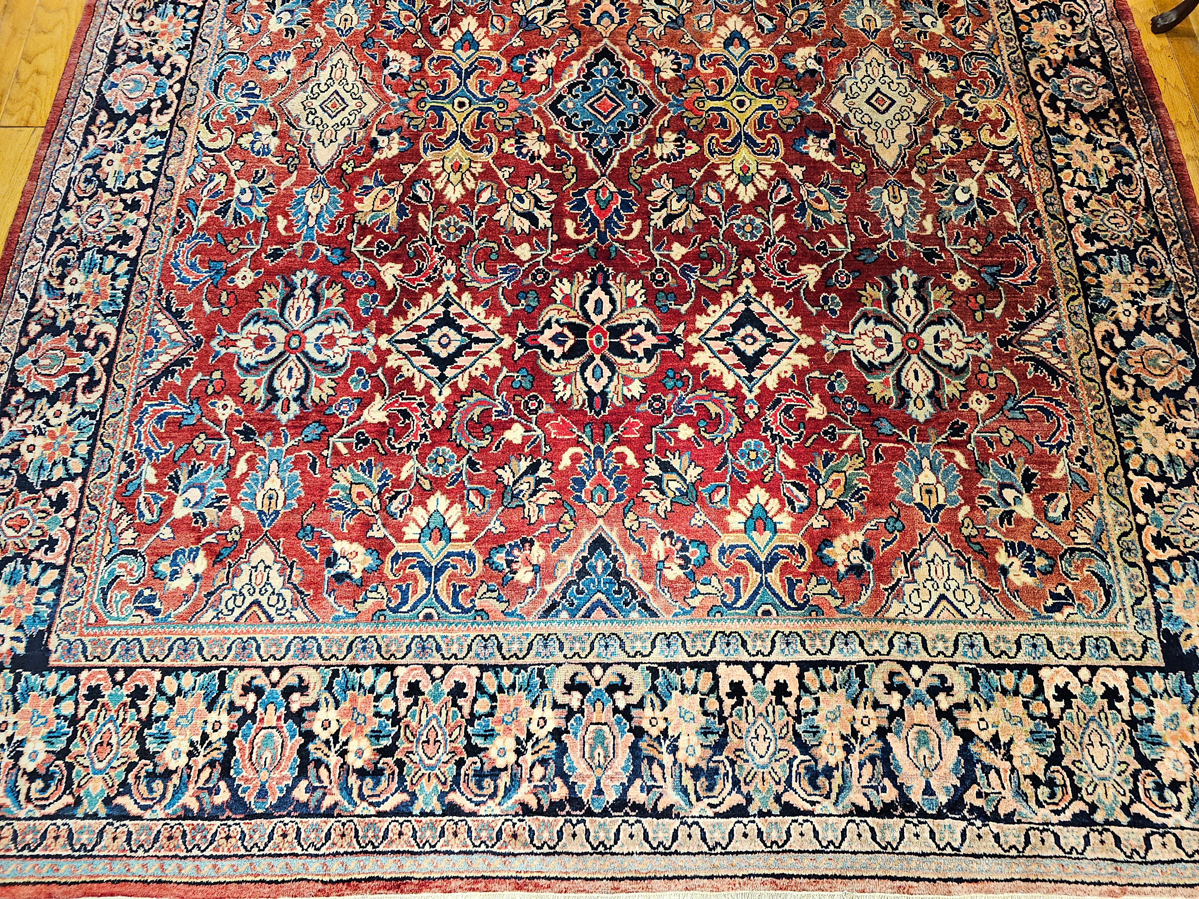 Hand-Woven Vintage Room Size Persian Mahal Sultanabad in Allover Floral Design in Red, Navy For Sale