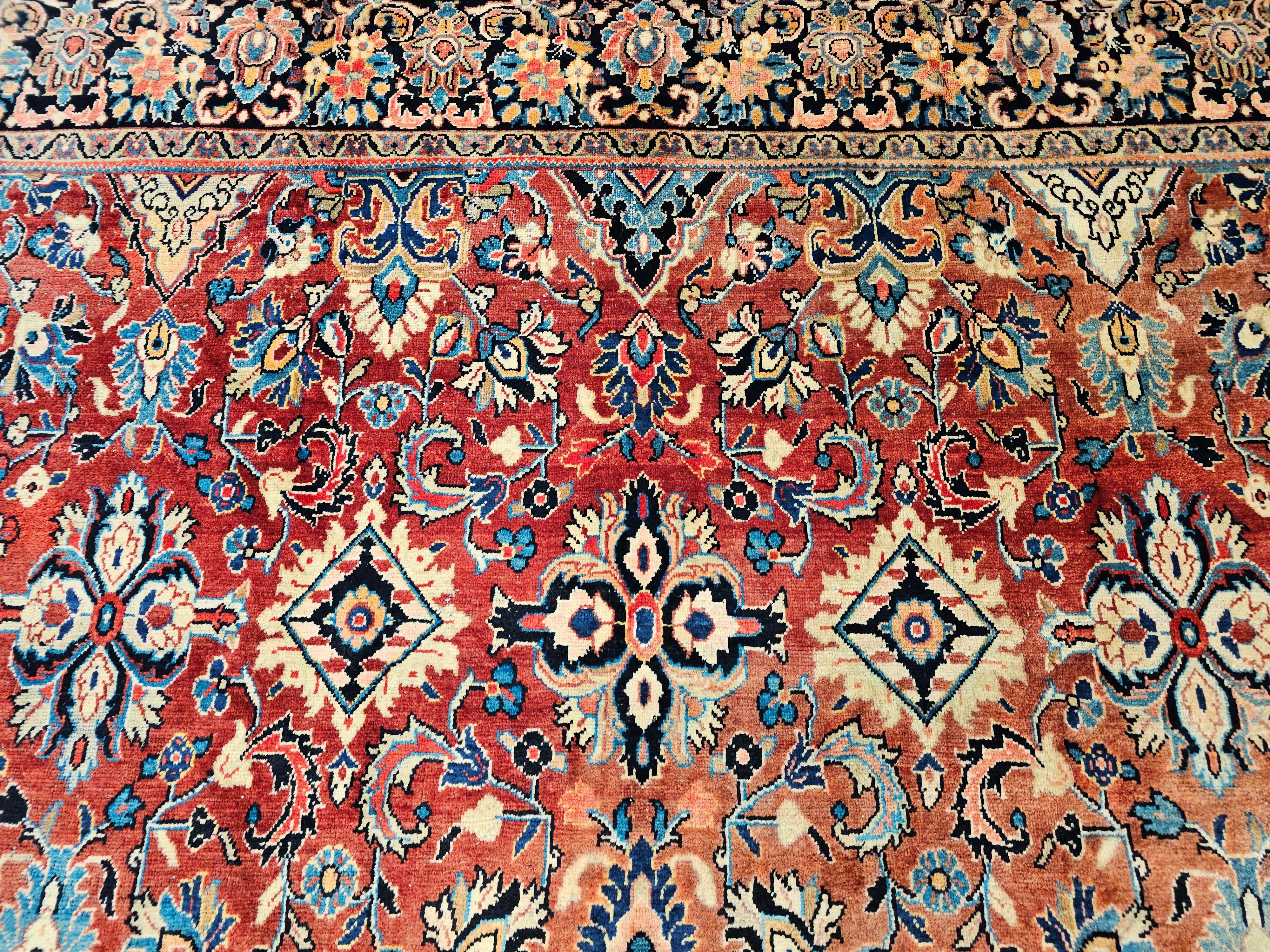 Vintage Room Size Persian Mahal Sultanabad in Allover Floral Design in Red, Navy In Good Condition For Sale In Barrington, IL