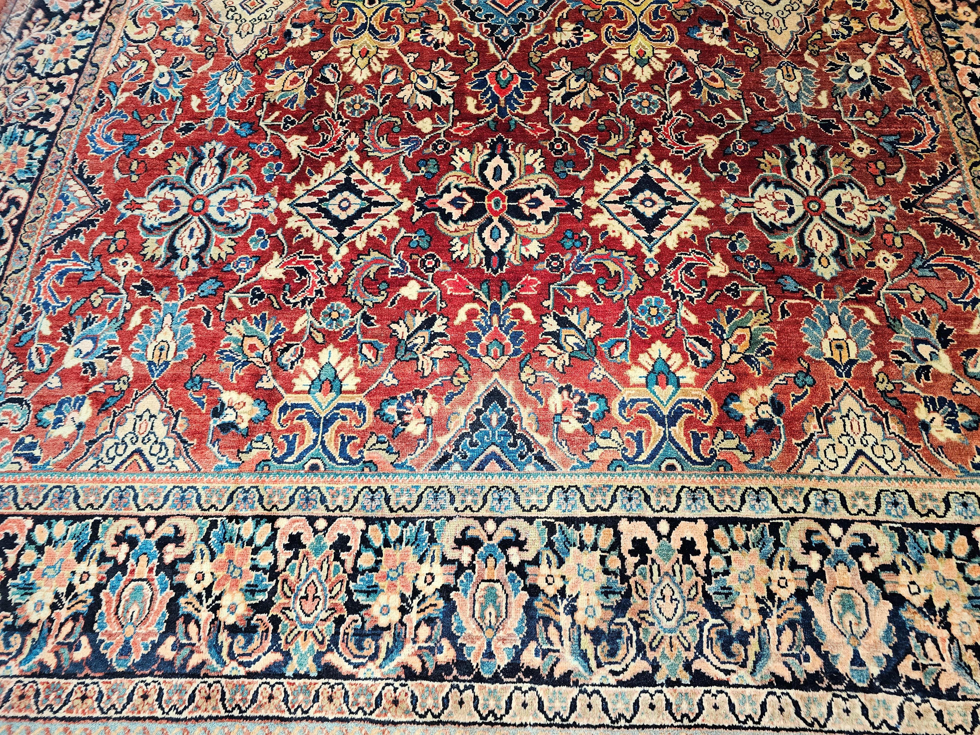 Wool Vintage Room Size Persian Mahal Sultanabad in Allover Floral Design in Red, Navy For Sale