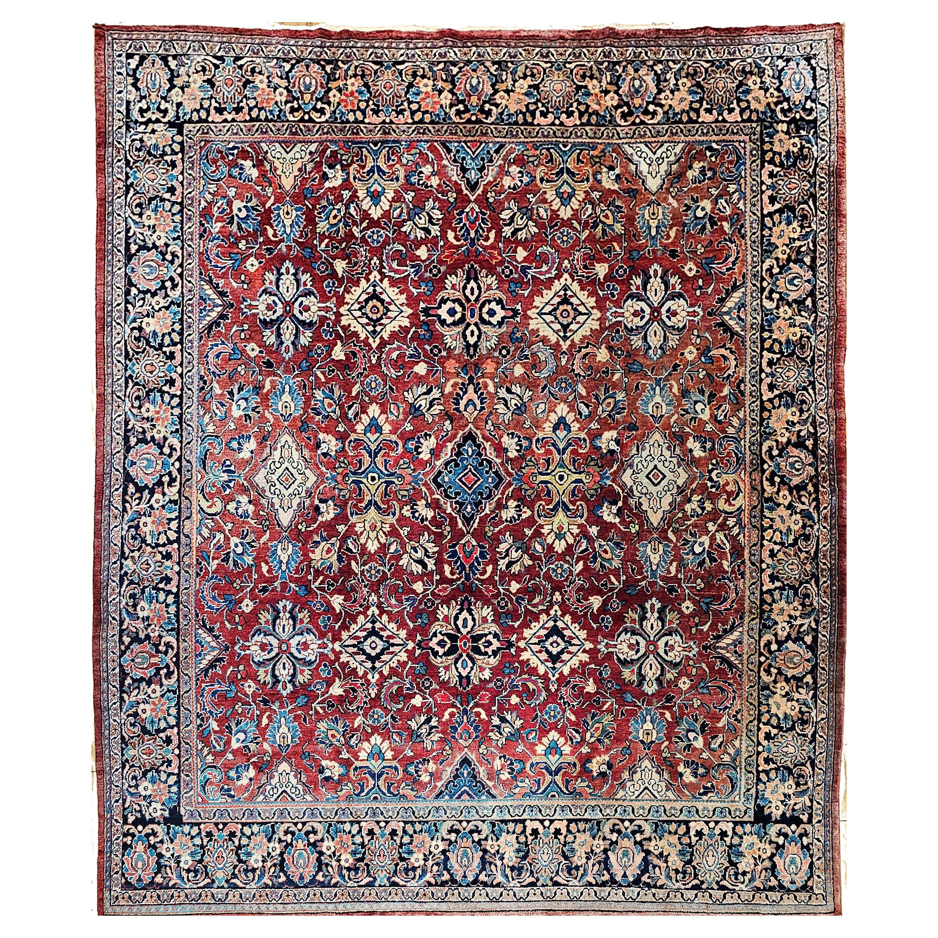 Vintage Room Size Persian Mahal Sultanabad in Allover Floral Design in Red, Navy For Sale