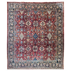 Vintage Room Size Persian Mahal Sultanabad in Allover Floral Design in Red, Navy