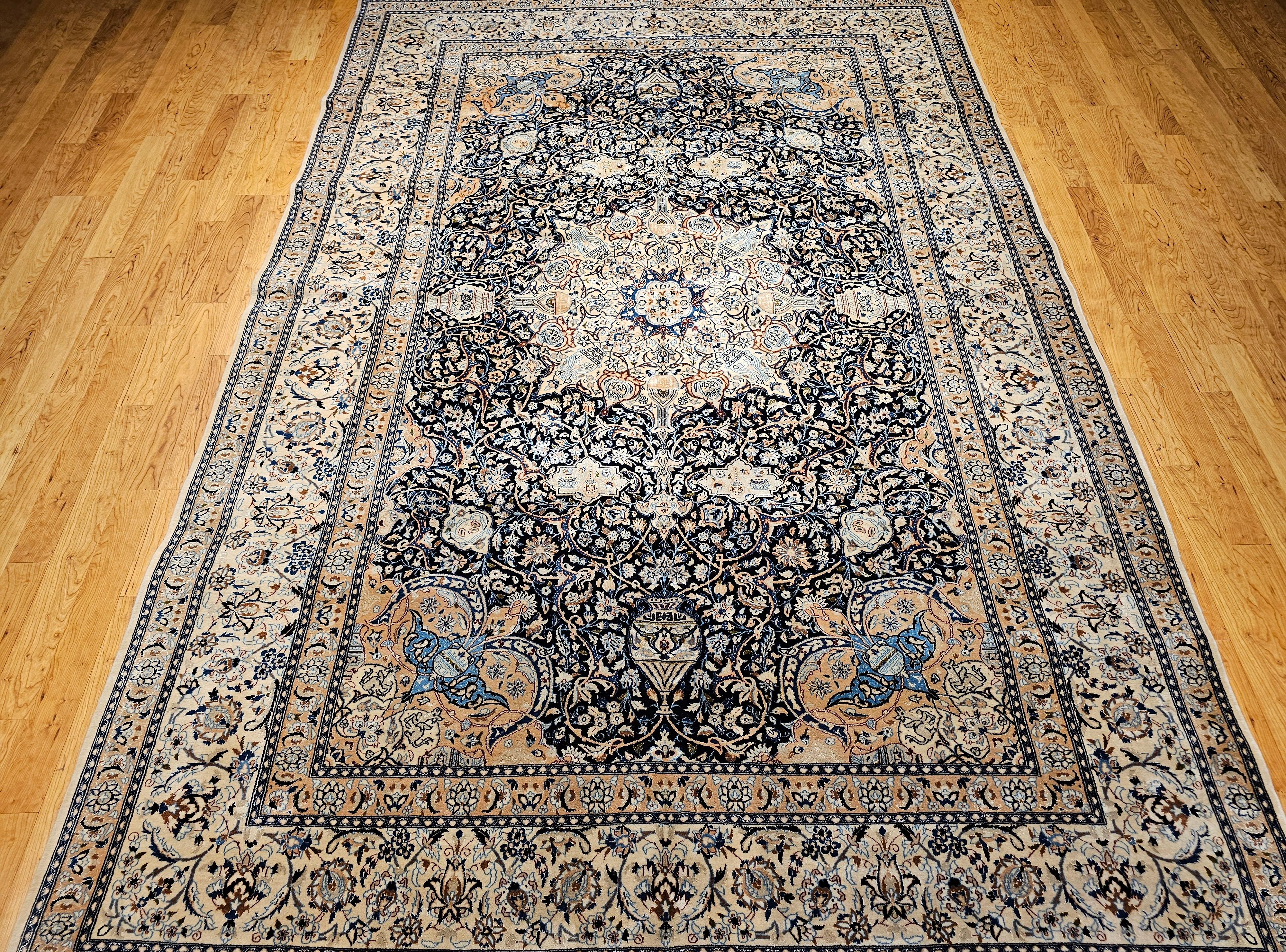 Vintage Room Size Persian Nain Rug with Silk Highlights in Navy Blue and Ivory For Sale 4
