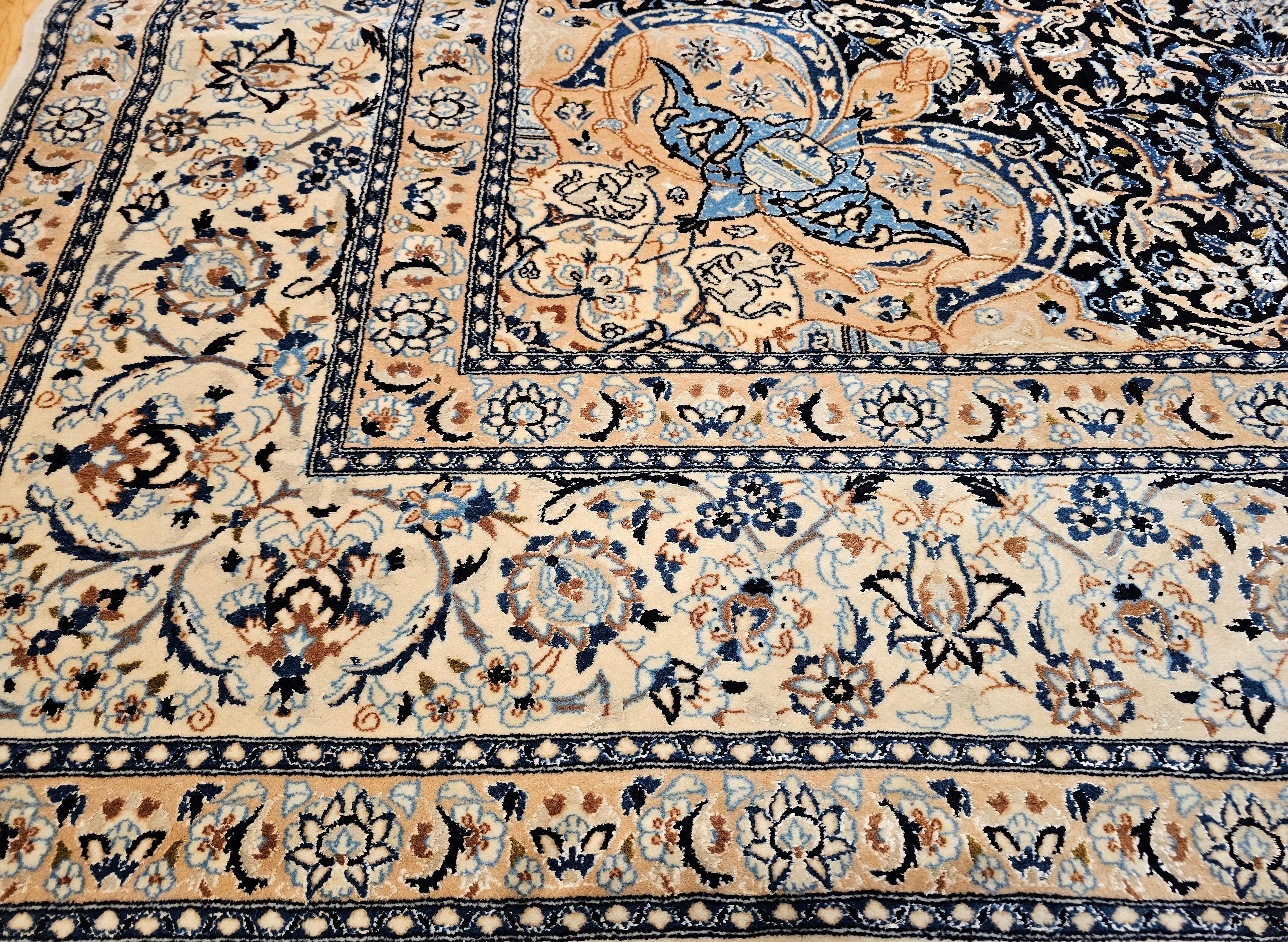 Vintage Room Size Persian Nain Rug with Silk Highlights in Navy Blue and Ivory For Sale 5