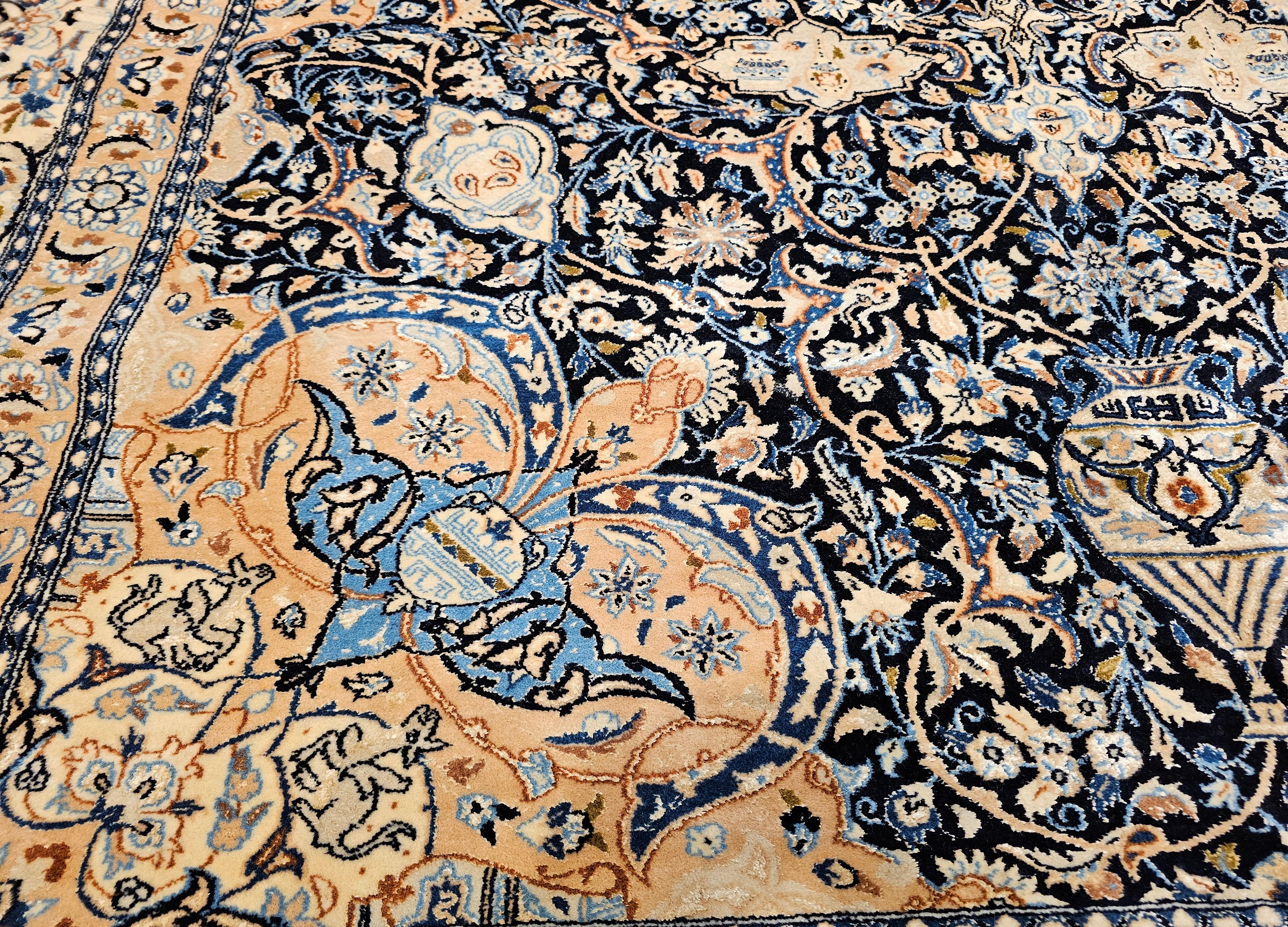 Vintage Room Size Persian Nain Rug with Silk Highlights in Navy Blue and Ivory For Sale 6