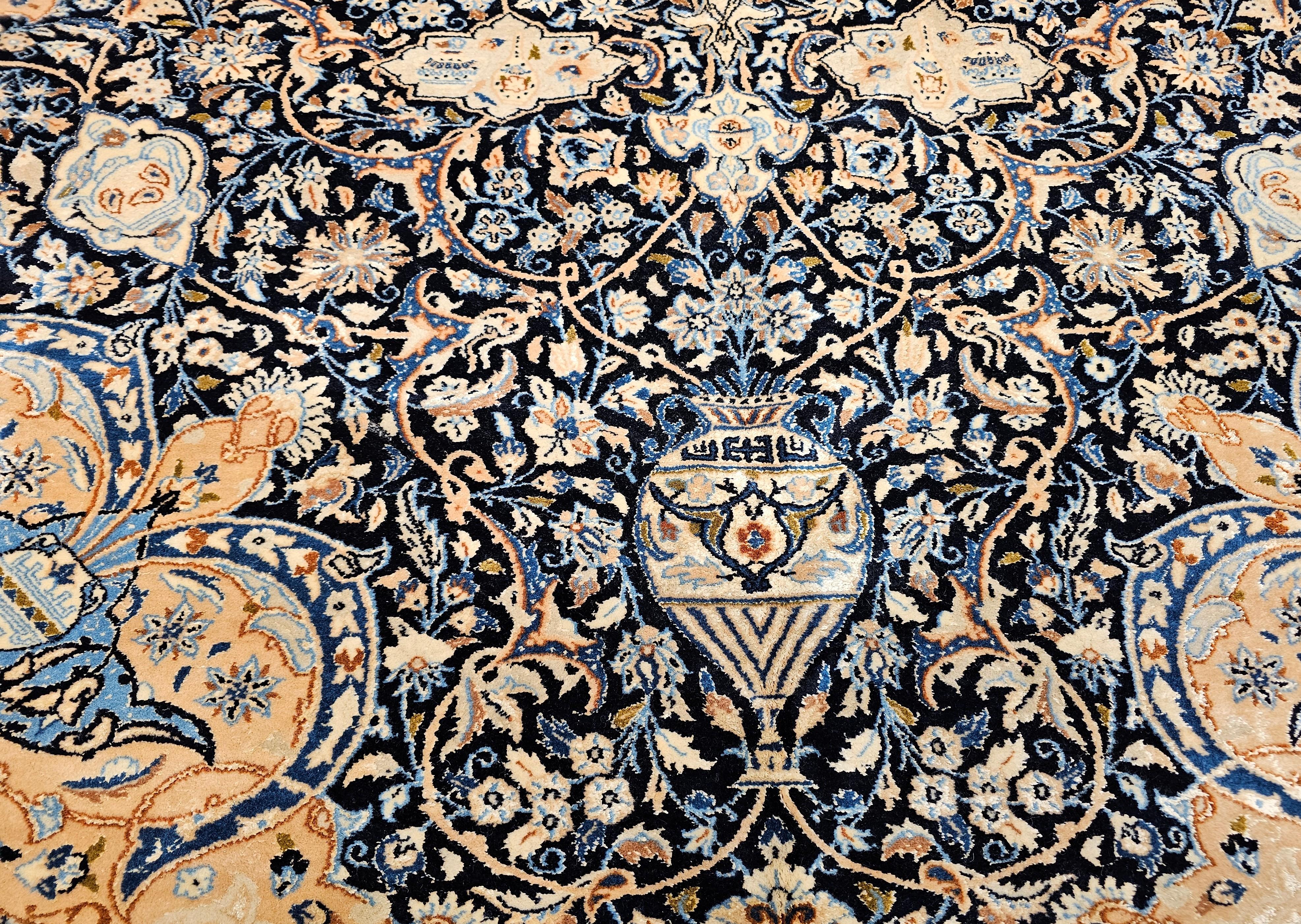 Vintage Room Size Persian Nain Rug with Silk Highlights in Navy Blue and Ivory For Sale 7