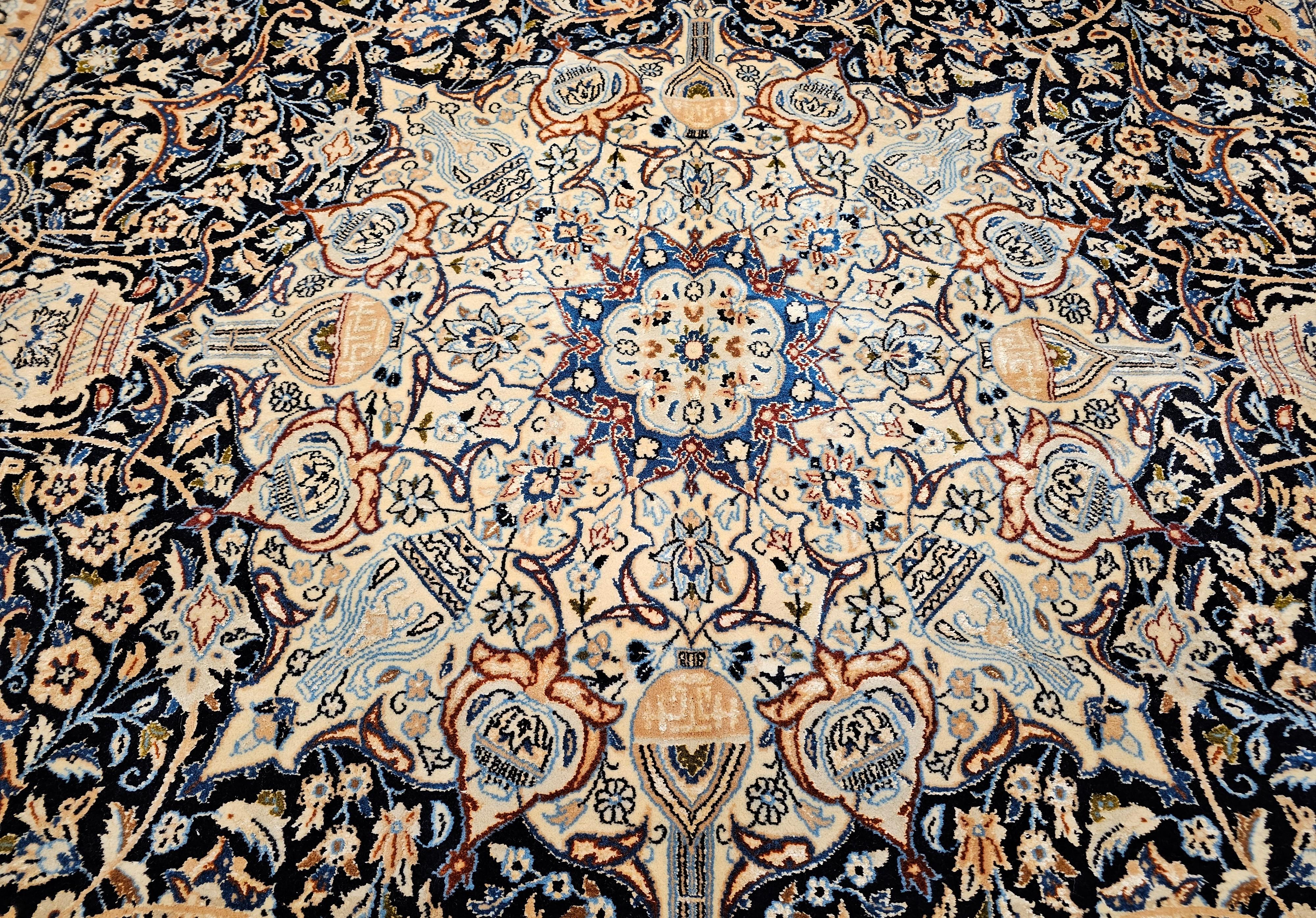 Vintage Room Size Persian Nain Rug with Silk Highlights in Navy Blue and Ivory For Sale 8