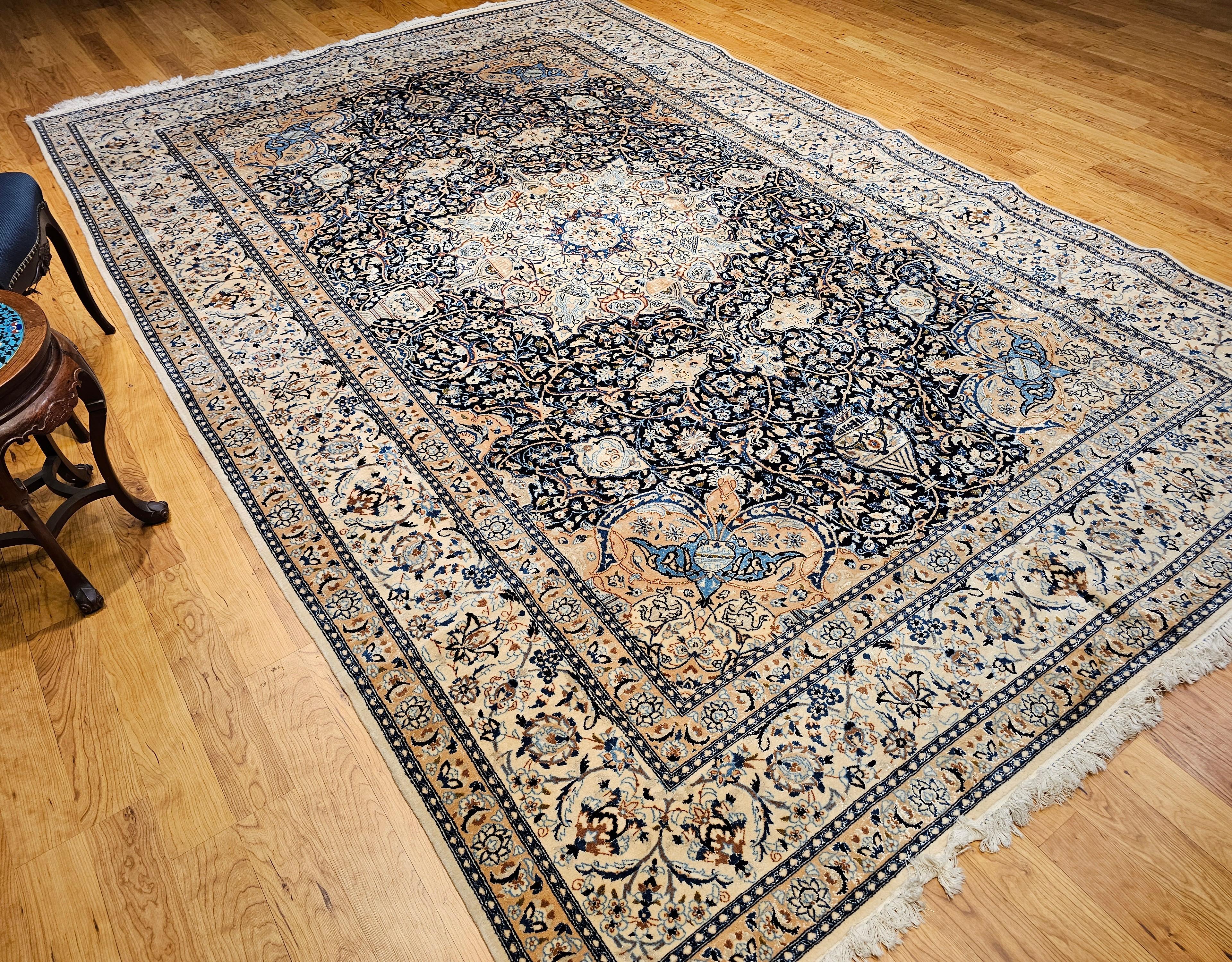 Vintage Room Size Persian Nain Rug with Silk Highlights in Navy Blue and Ivory For Sale 9