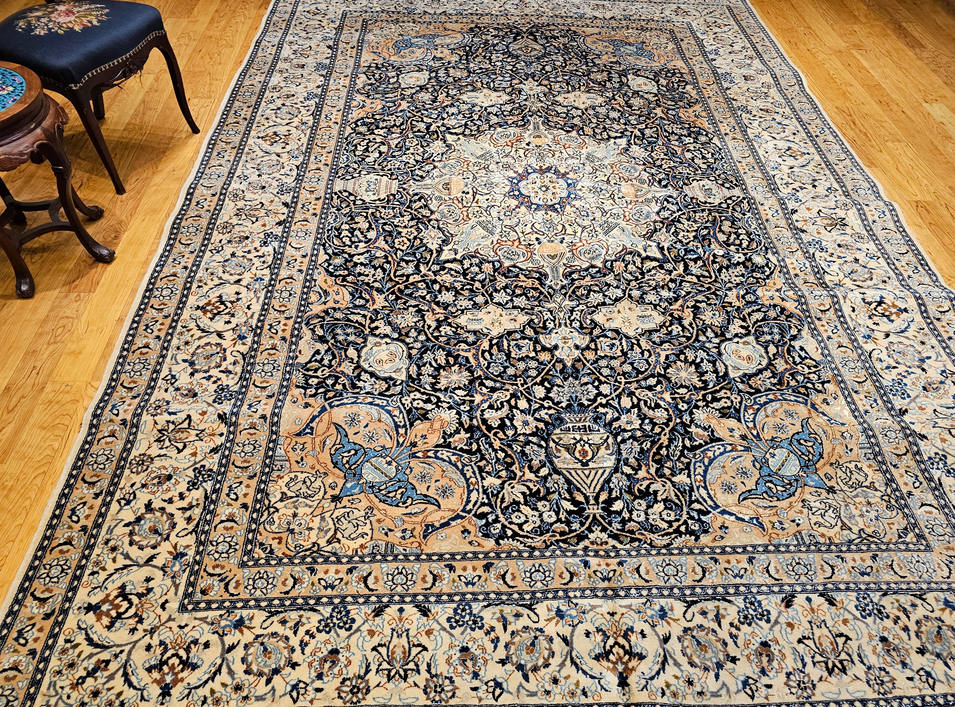 Vintage Room Size Persian Nain Rug with Silk Highlights in Navy Blue and Ivory For Sale 10