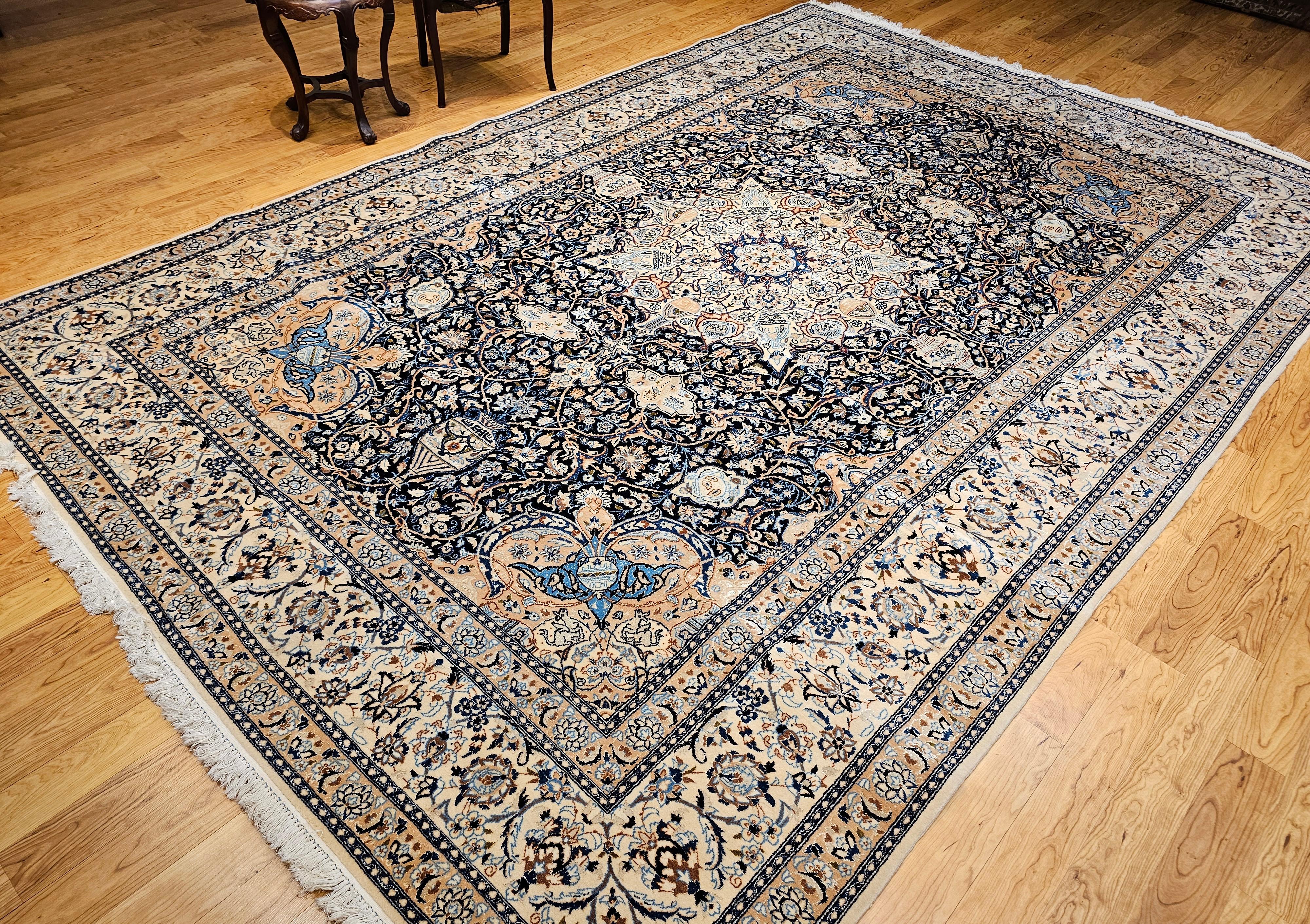 Vintage Room Size Persian Nain Rug with Silk Highlights in Navy Blue and Ivory For Sale 11