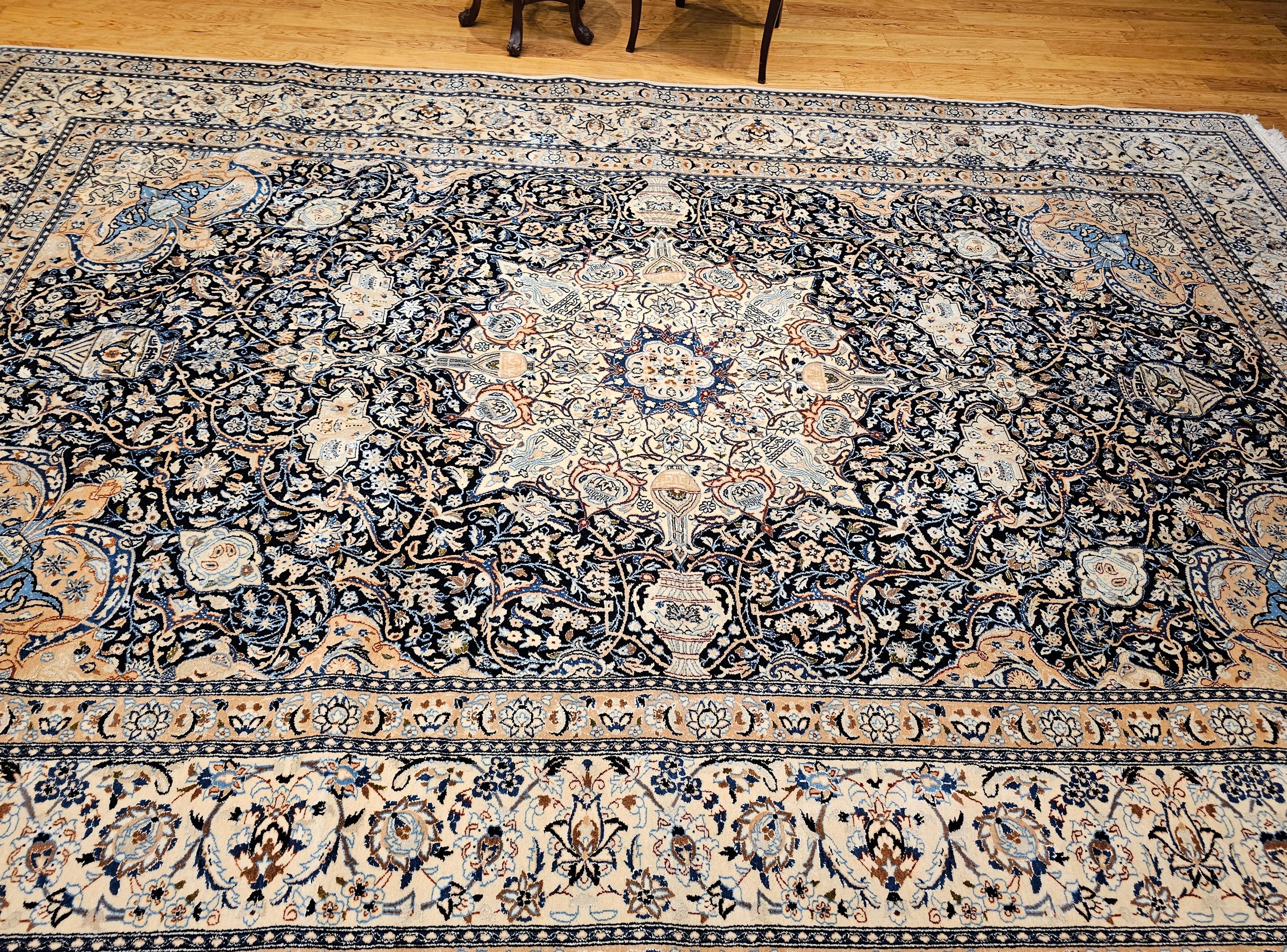 Vintage Room Size Persian Nain Rug with Silk Highlights in Navy Blue and Ivory For Sale 12