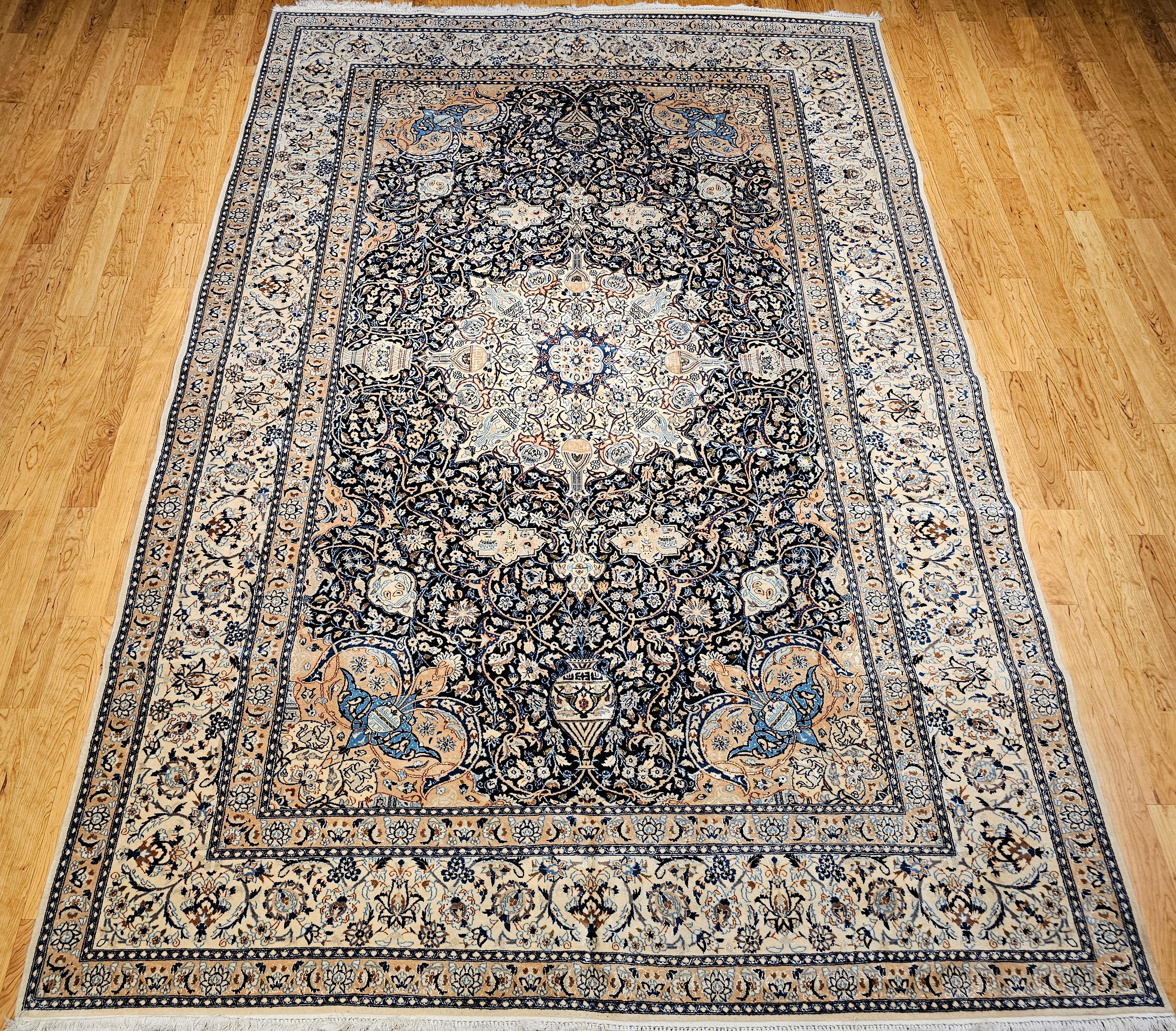 Vintage Room Size Persian Nain Rug with Silk Highlights in Navy Blue and Ivory For Sale 13
