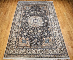 Vintage Room Size Persian Nain Rug with Silk Highlights in Navy Blue and Ivory