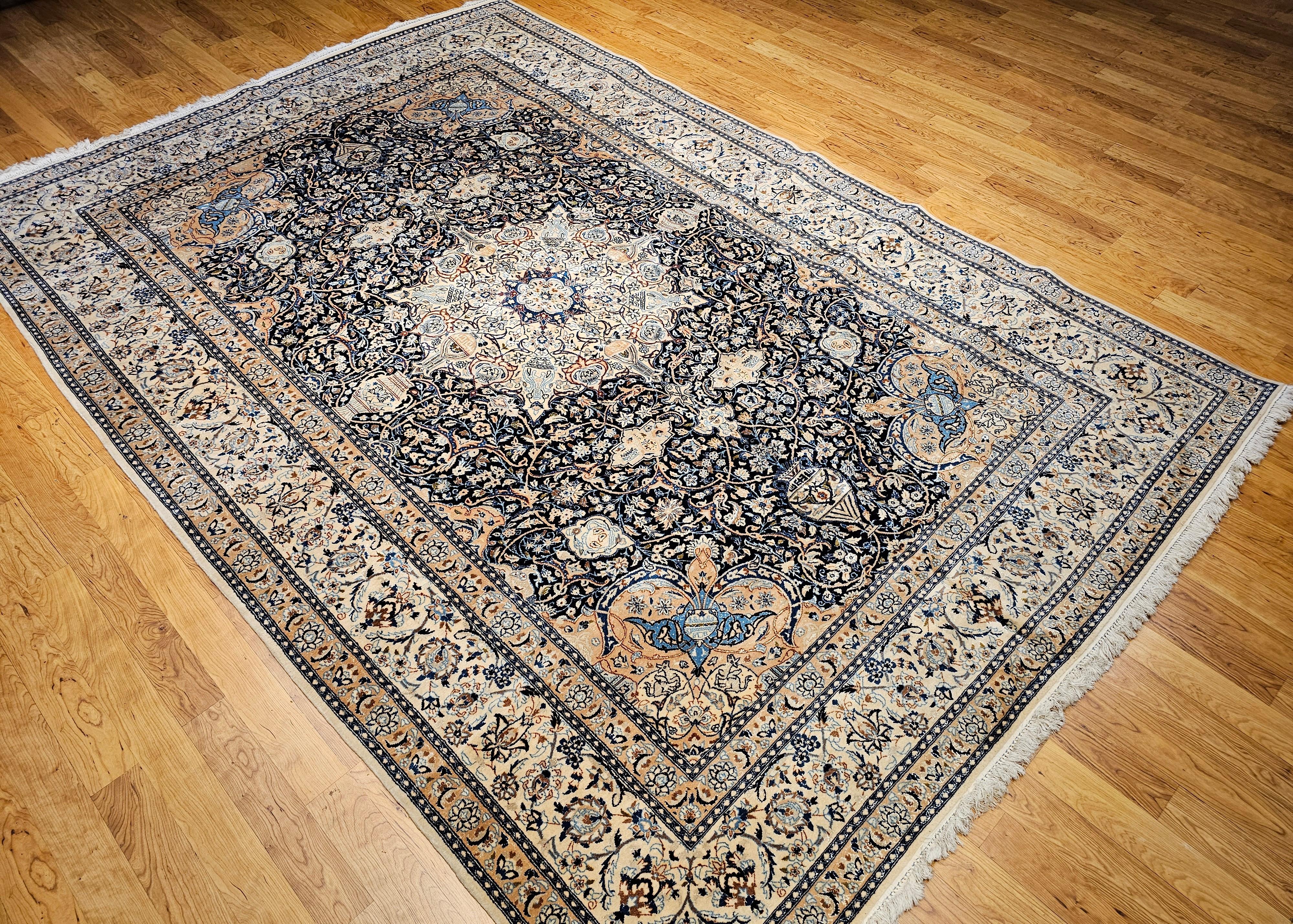 Hand-Woven Vintage Room Size Persian Nain Rug with Silk Highlights in Navy Blue and Ivory For Sale