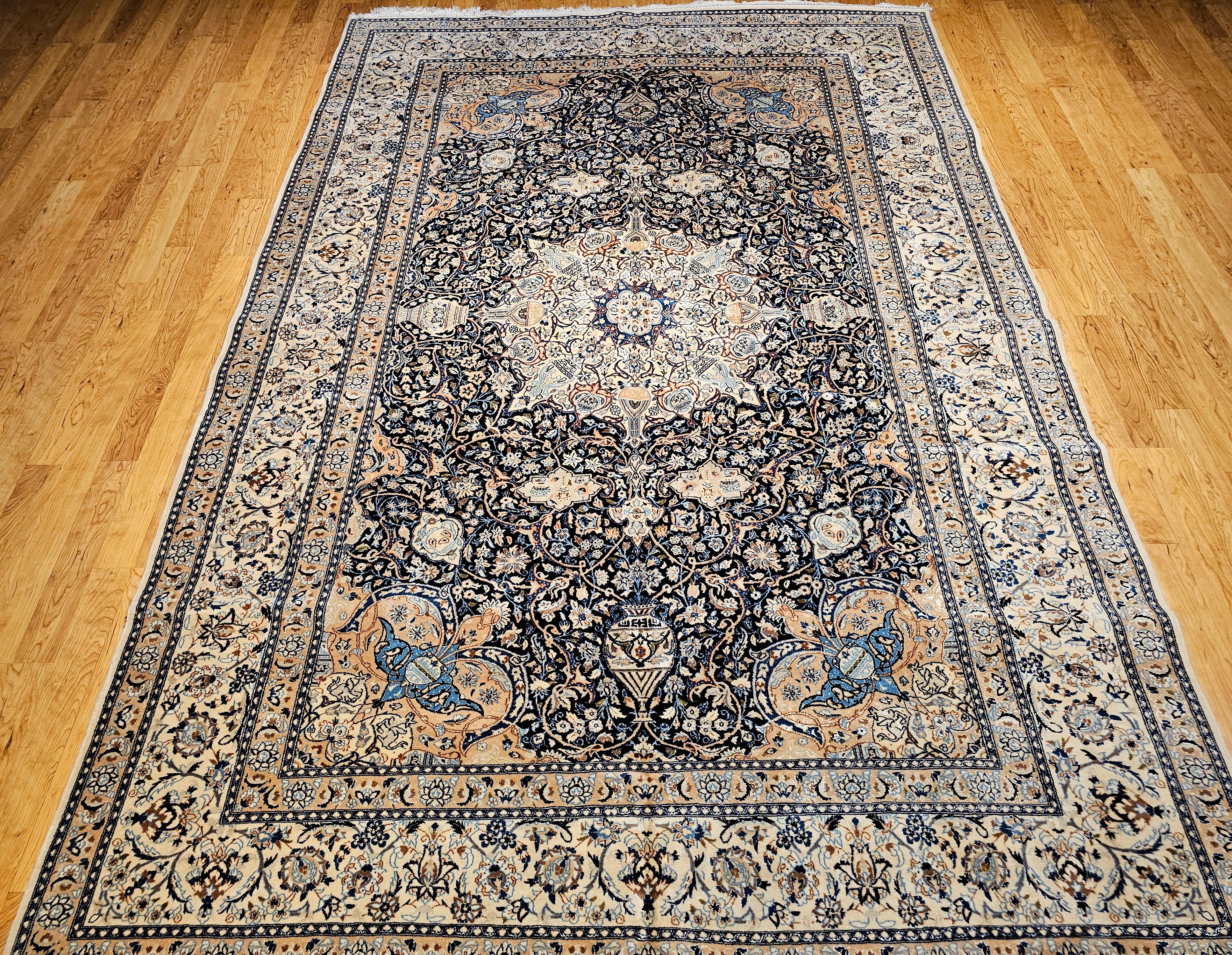 Vintage Room Size Persian Nain Rug with Silk Highlights in Navy Blue and Ivory In Good Condition For Sale In Barrington, IL
