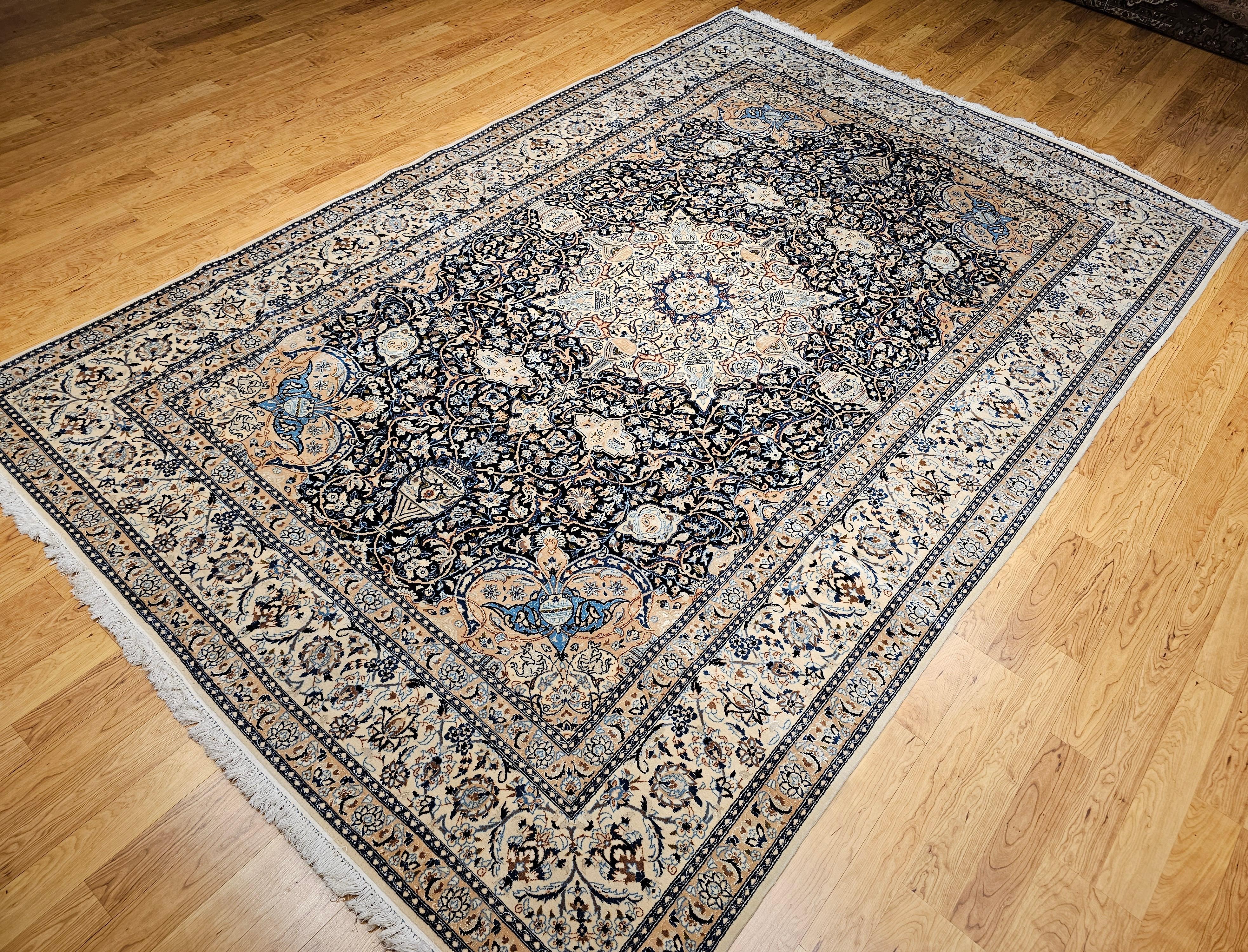 20th Century Vintage Room Size Persian Nain Rug with Silk Highlights in Navy Blue and Ivory For Sale