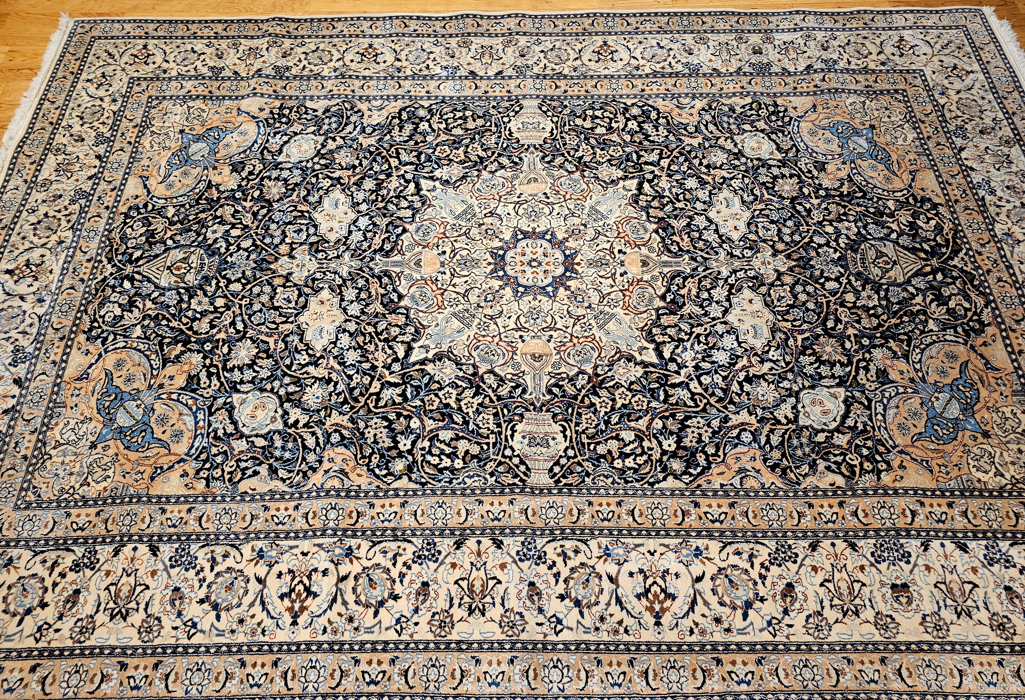 Wool Vintage Room Size Persian Nain Rug with Silk Highlights in Navy Blue and Ivory For Sale