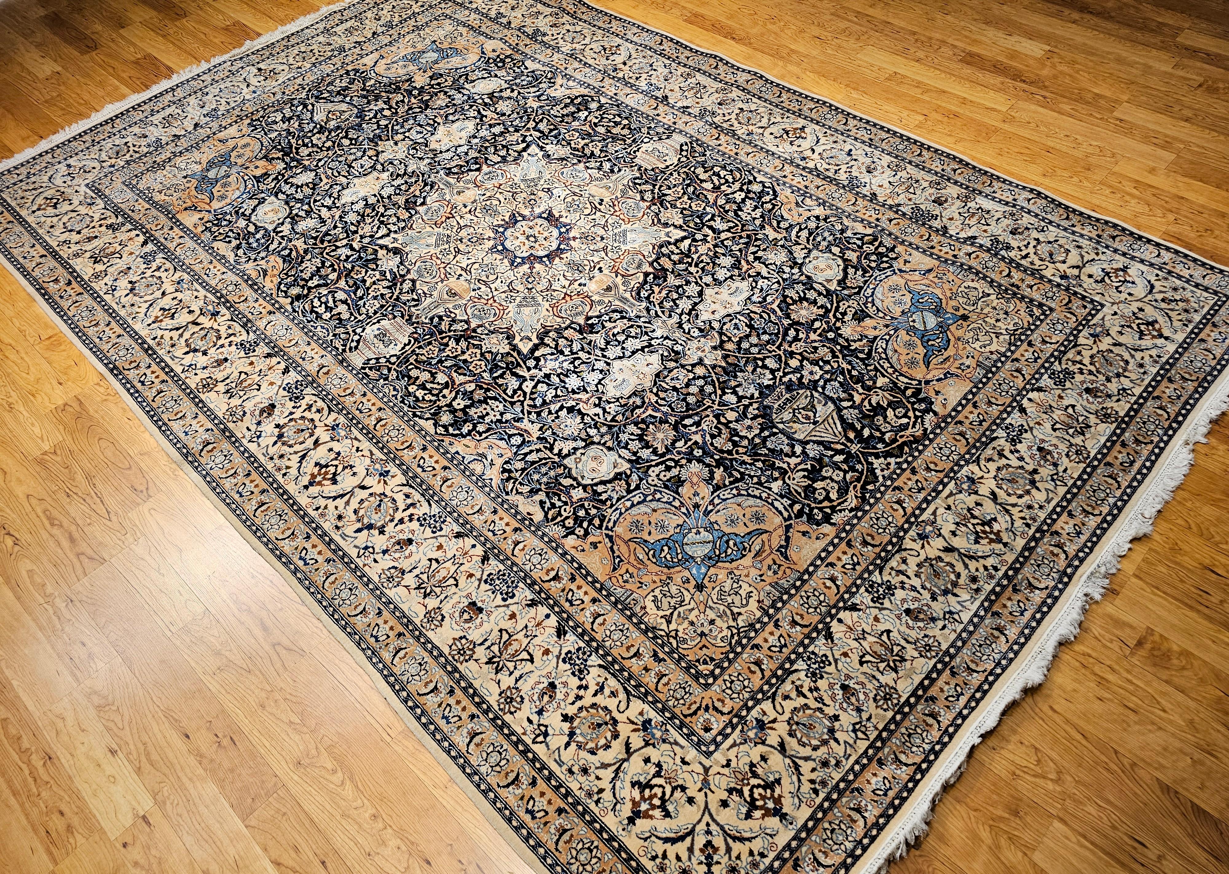 Vintage Room Size Persian Nain Rug with Silk Highlights in Navy Blue and Ivory For Sale 1