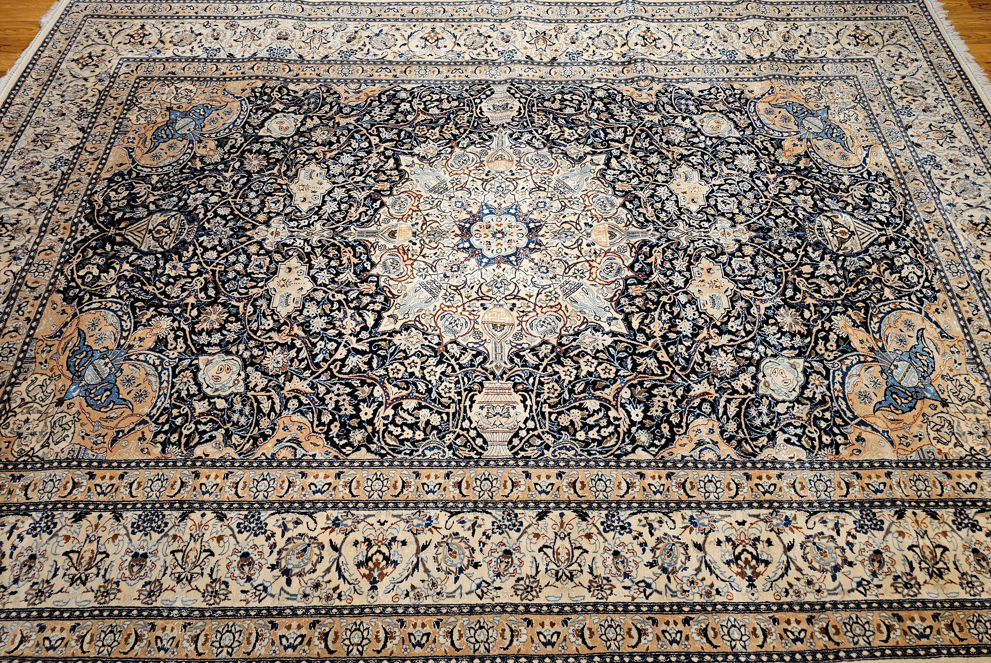 Vintage Room Size Persian Nain Rug with Silk Highlights in Navy Blue and Ivory For Sale 2