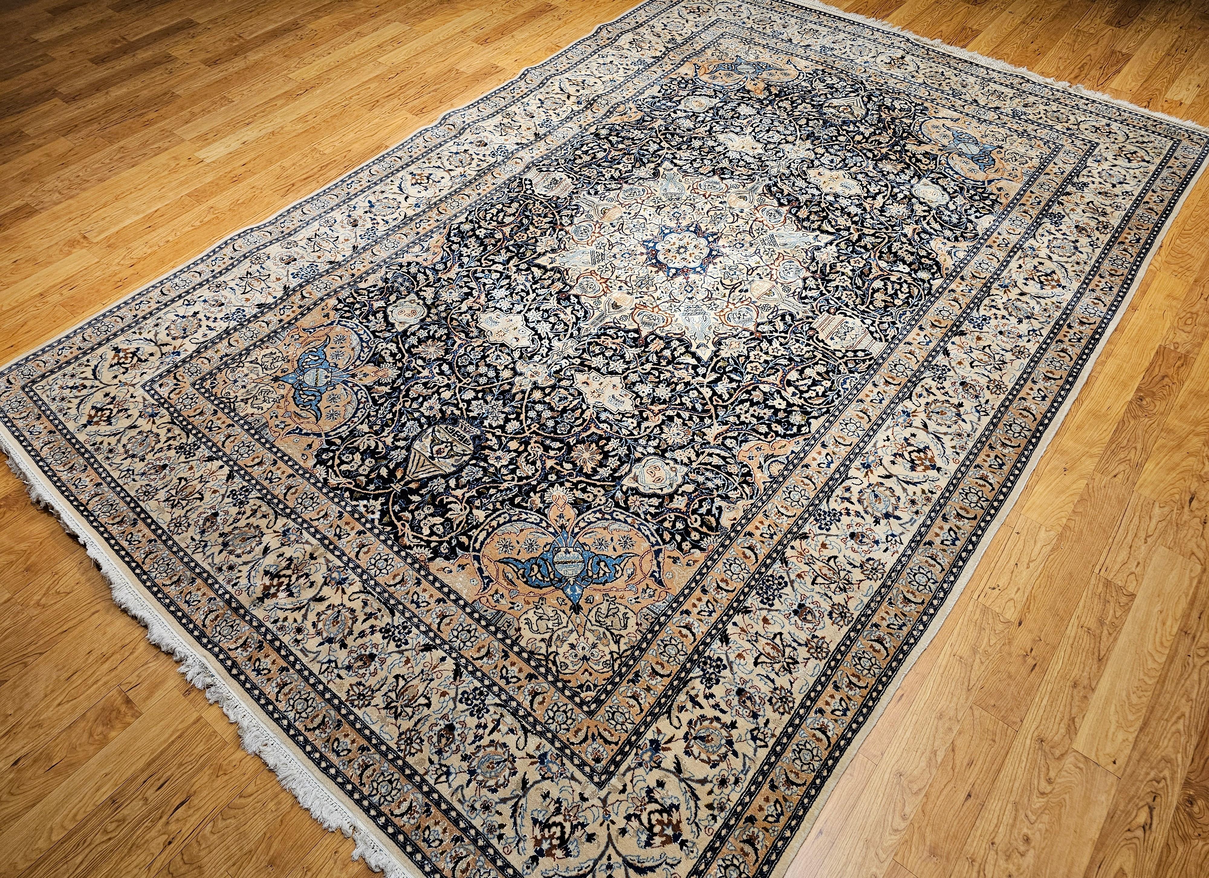 Vintage Room Size Persian Nain Rug with Silk Highlights in Navy Blue and Ivory For Sale 3
