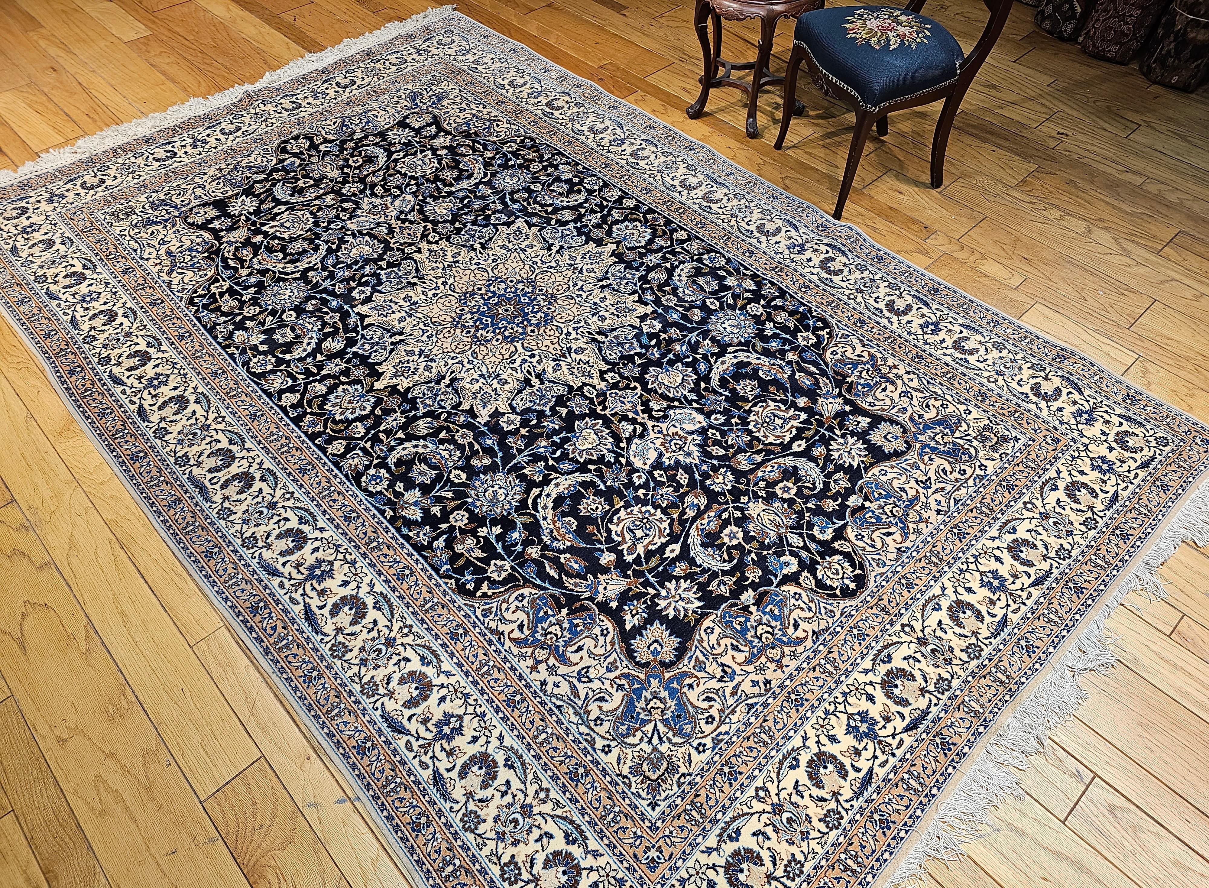 Vintage Room Size Persian Nain Rug with Silk Highlights  in Navy Blue & Ivory For Sale 5
