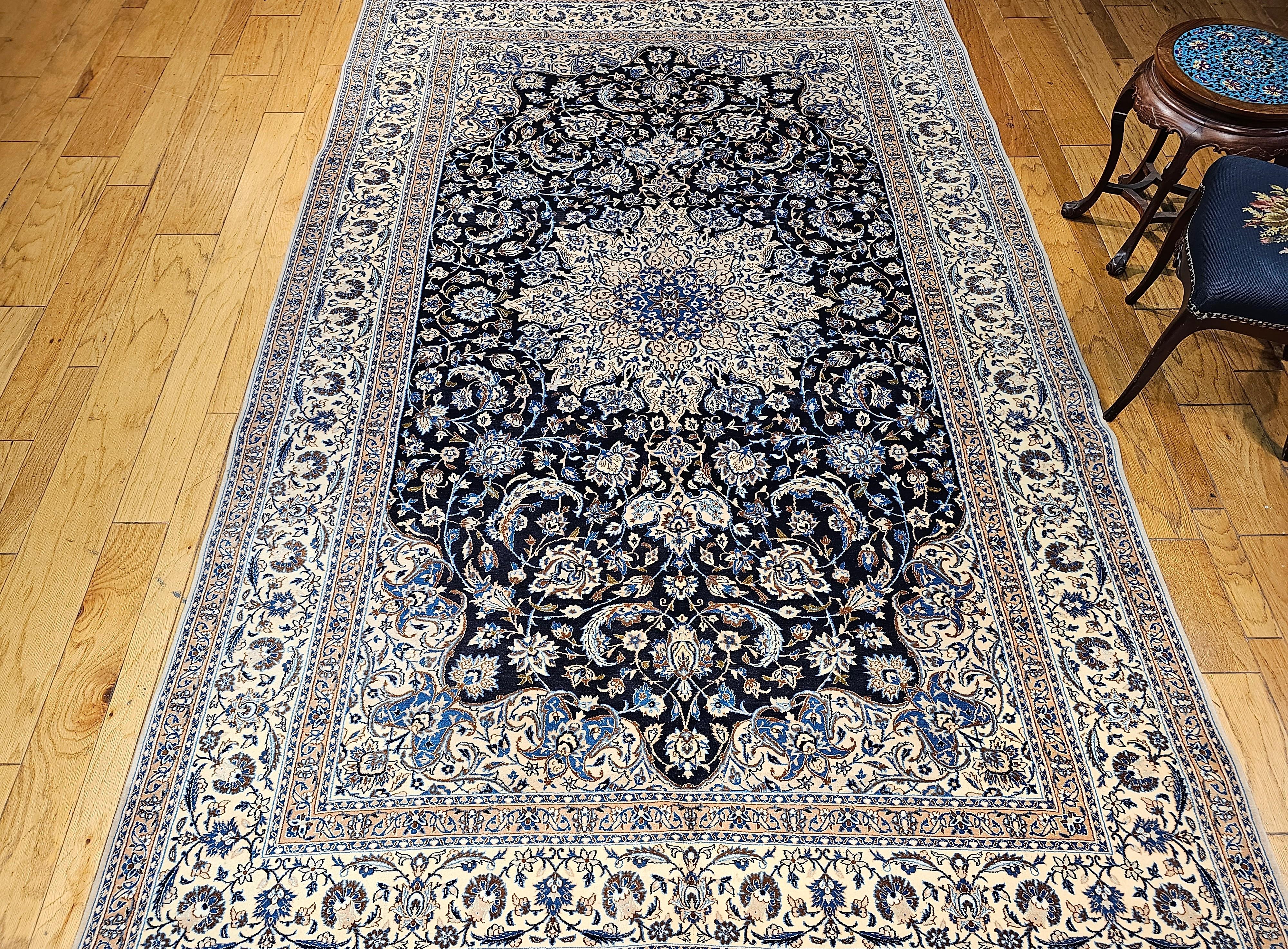 Vintage Room Size Persian Nain Rug with Silk Highlights  in Navy Blue & Ivory For Sale 6