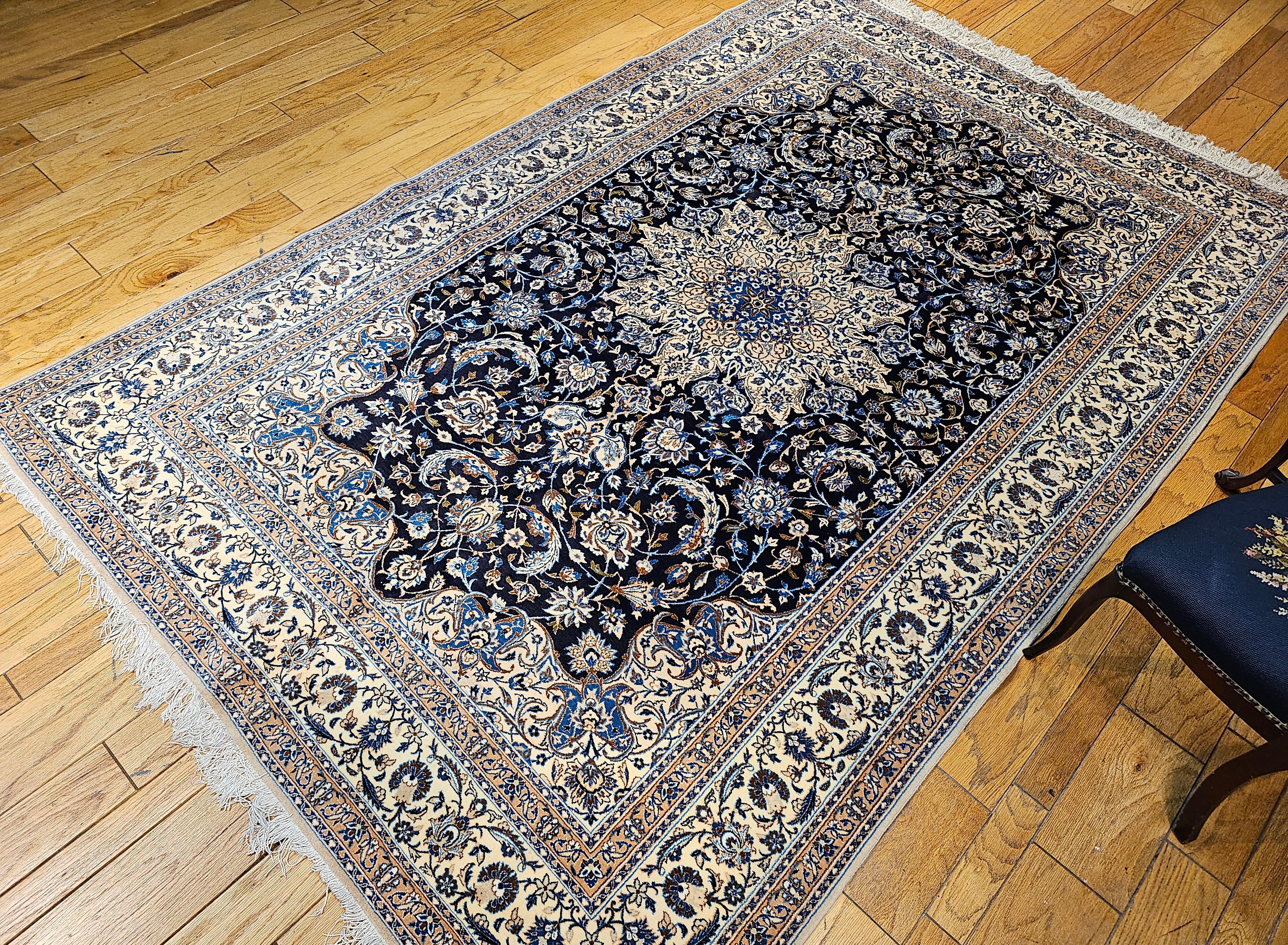 Vintage Room Size Persian Nain Rug with Silk Highlights  in Navy Blue & Ivory For Sale 7