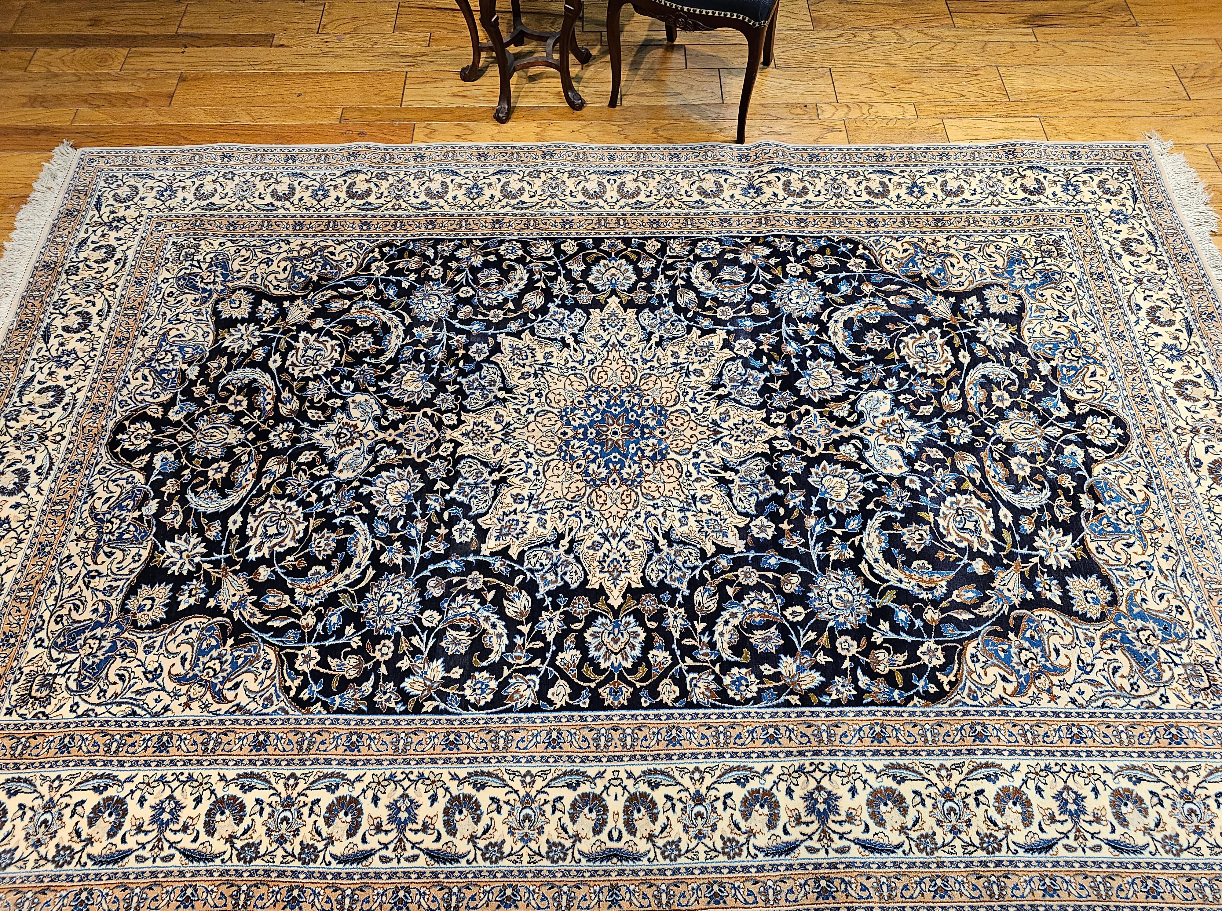 Vintage Room Size Persian Nain Rug with Silk Highlights  in Navy Blue & Ivory For Sale 8