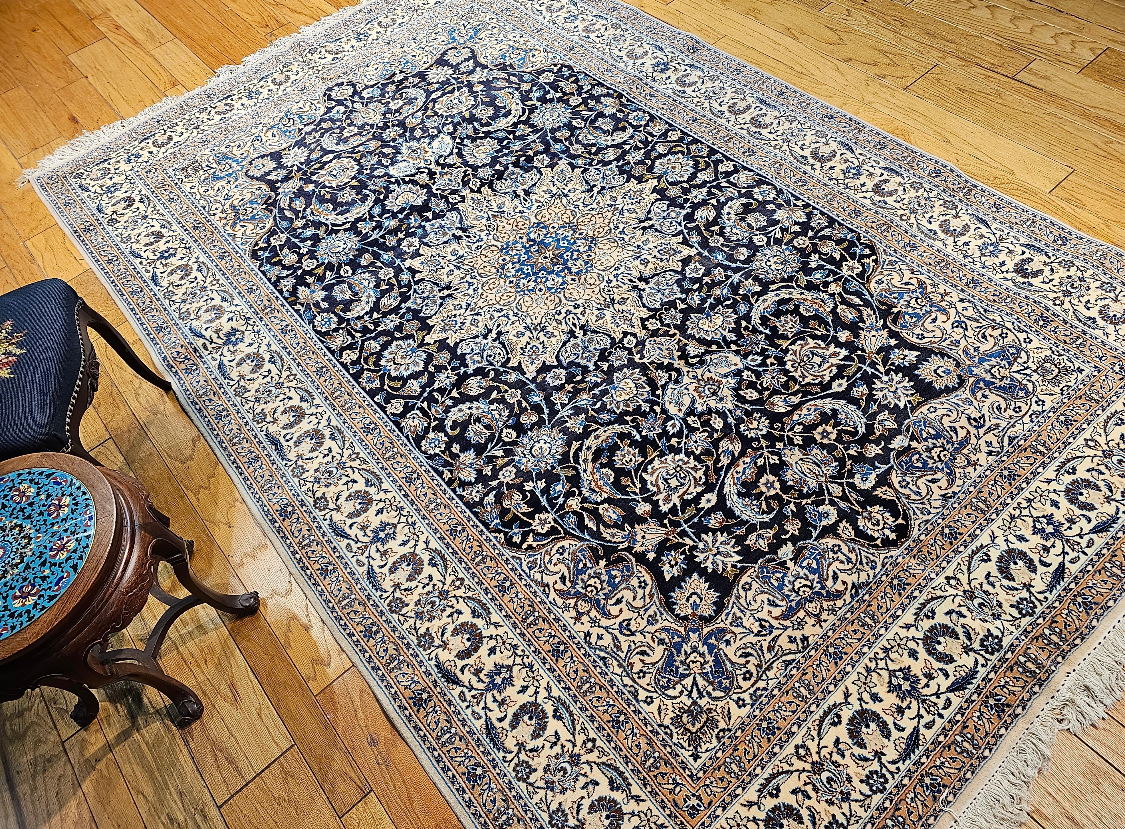 Vintage Room Size Persian Nain Rug with Silk Highlights  in Navy Blue & Ivory For Sale 9