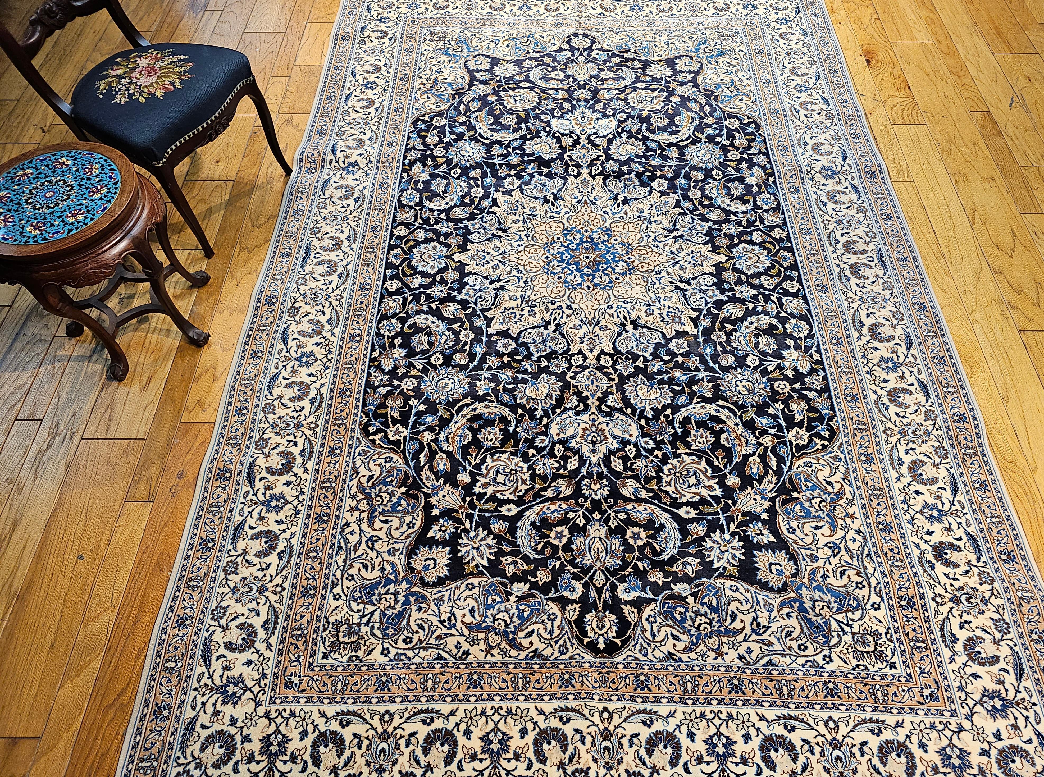 Vintage Room Size Persian Nain Rug with Silk Highlights  in Navy Blue & Ivory For Sale 10