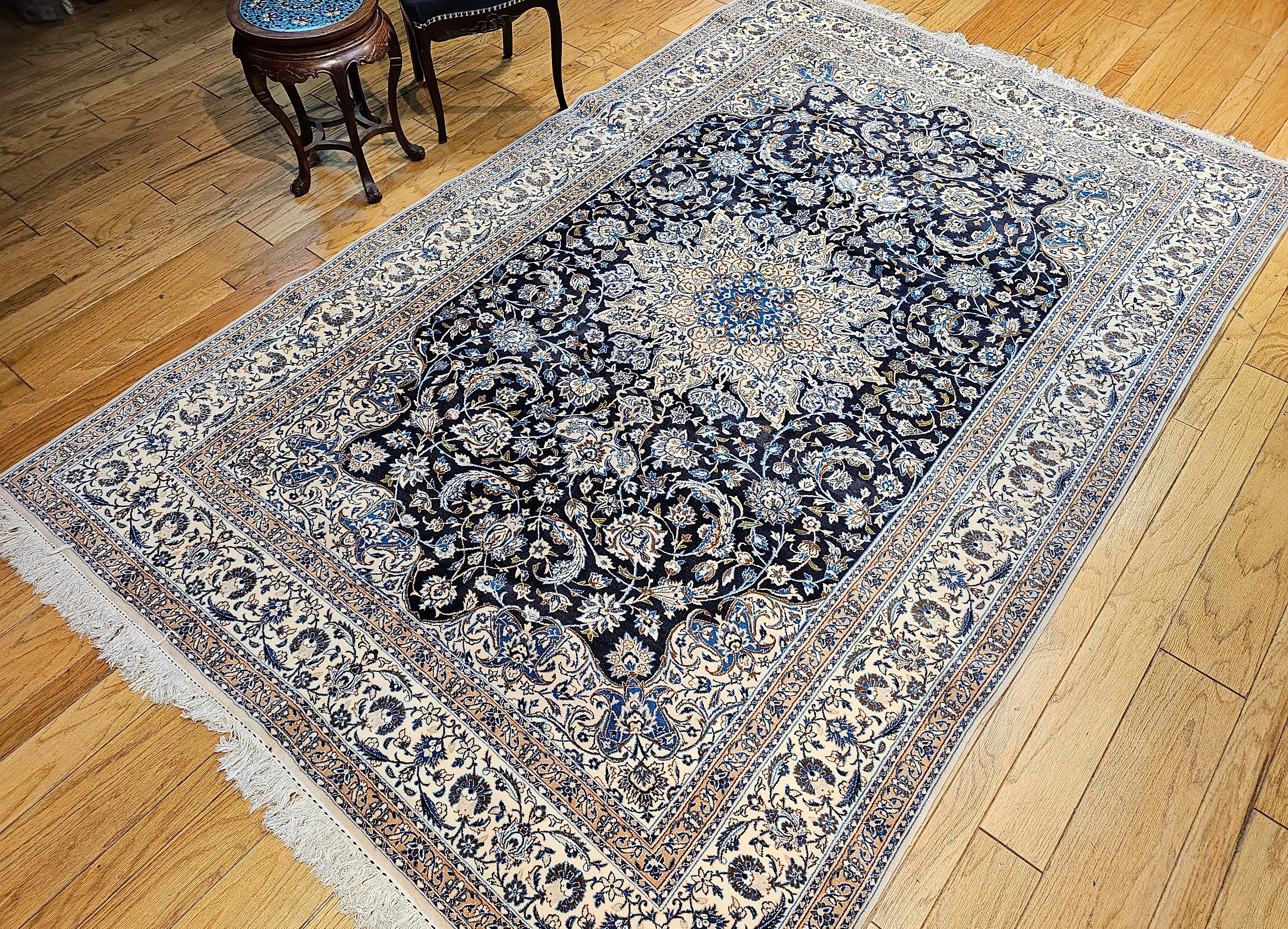 Vintage Room Size Persian Nain Rug with Silk Highlights  in Navy Blue & Ivory For Sale 11