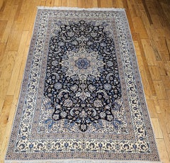 Vintage Room Size Persian Nain Rug with Silk Highlights  in Navy Blue & Ivory