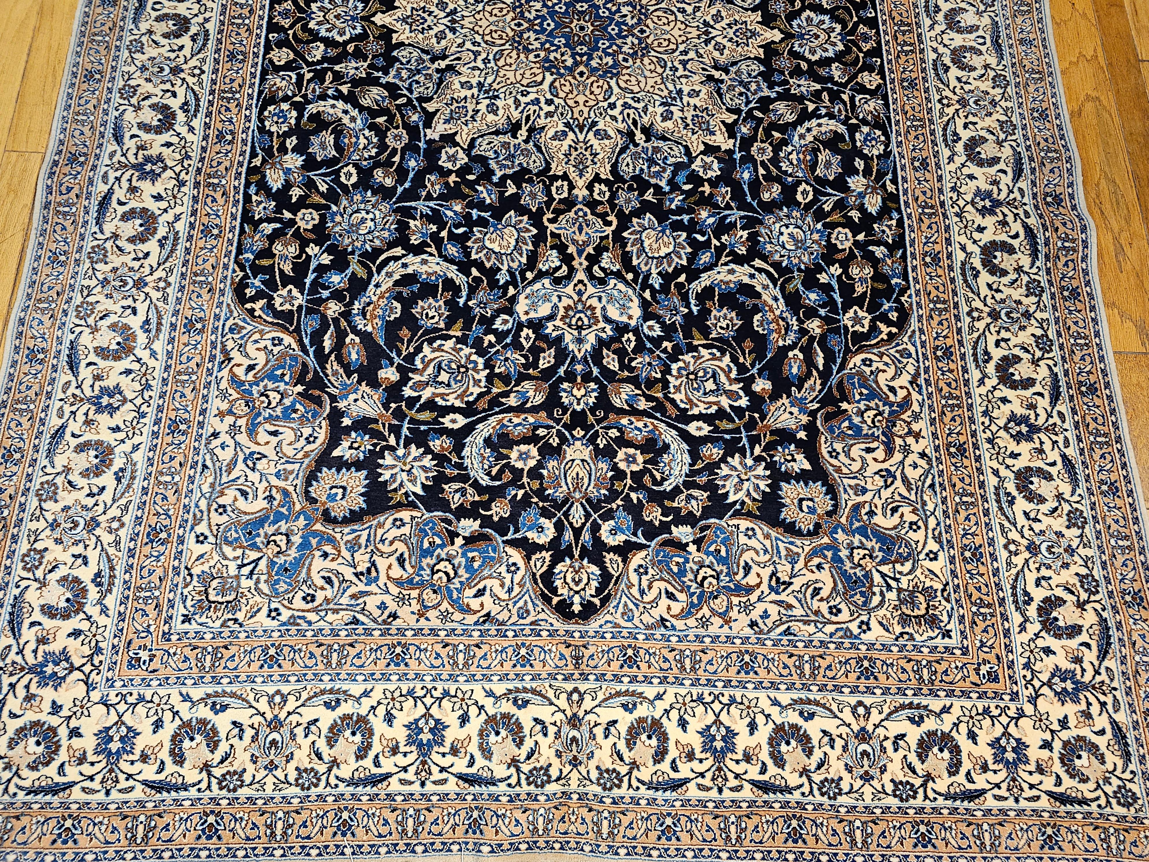 Vegetable Dyed Vintage Room Size Persian Nain Rug with Silk Highlights  in Navy Blue & Ivory For Sale