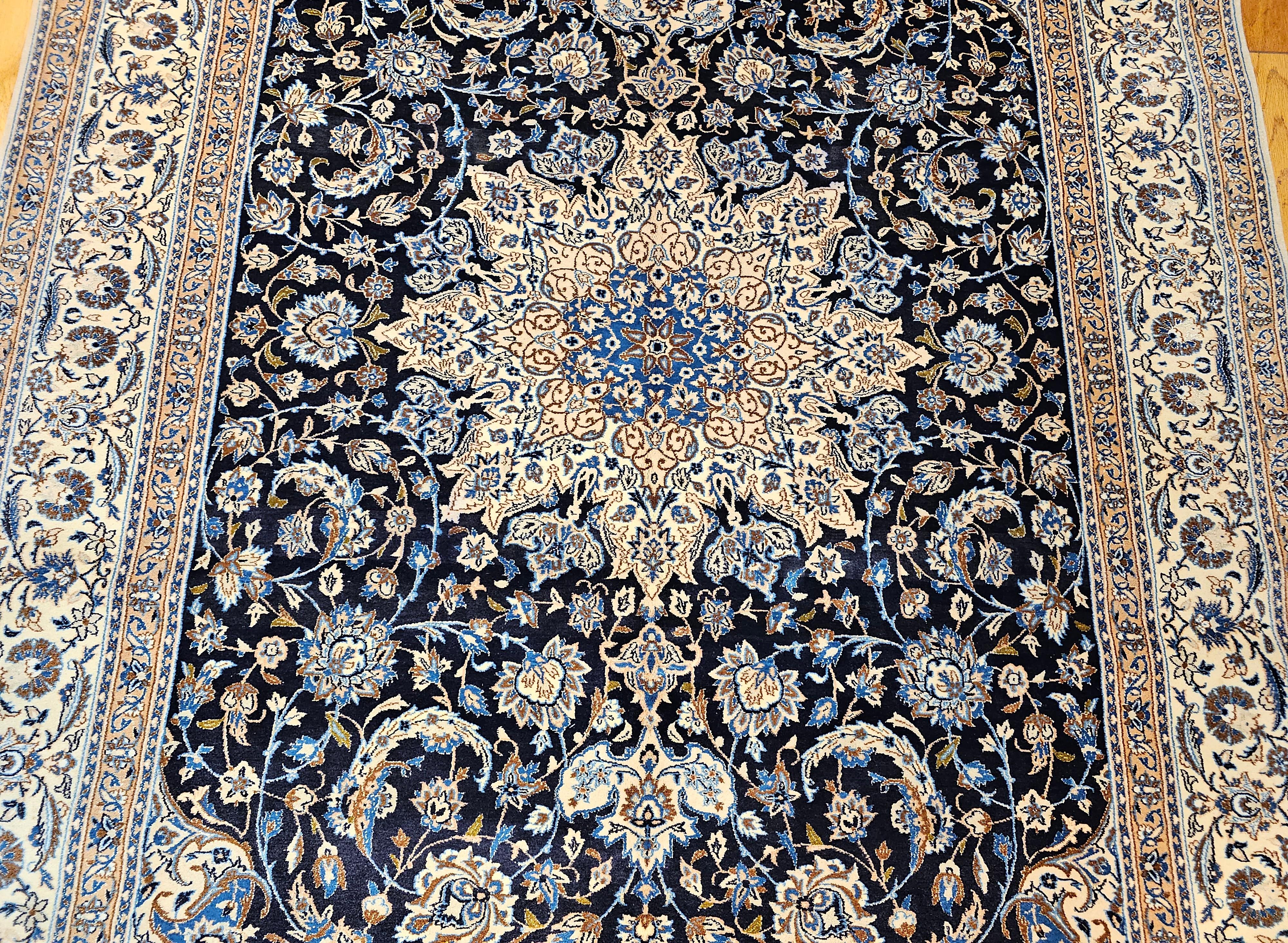 Vintage Room Size Persian Nain Rug with Silk Highlights  in Navy Blue & Ivory In Good Condition For Sale In Barrington, IL