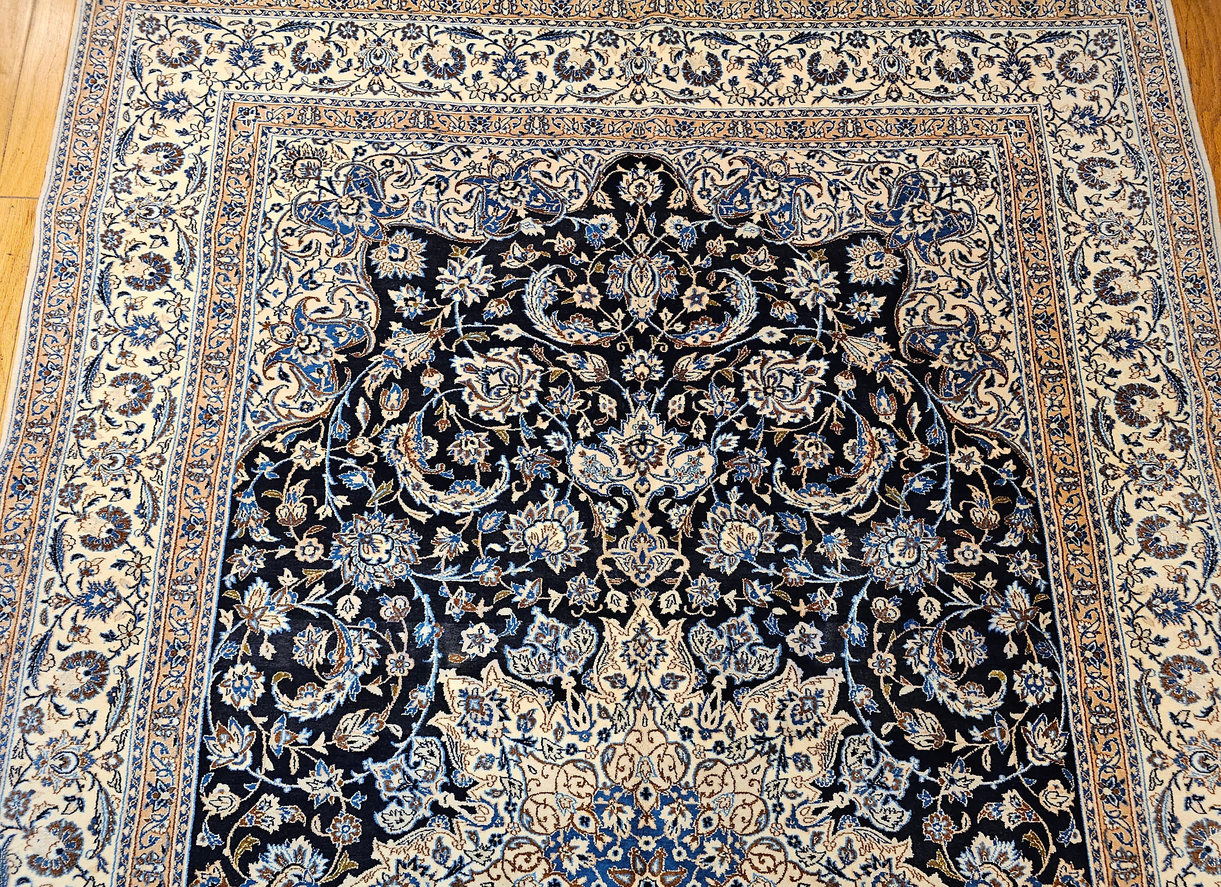20th Century Vintage Room Size Persian Nain Rug with Silk Highlights  in Navy Blue & Ivory For Sale