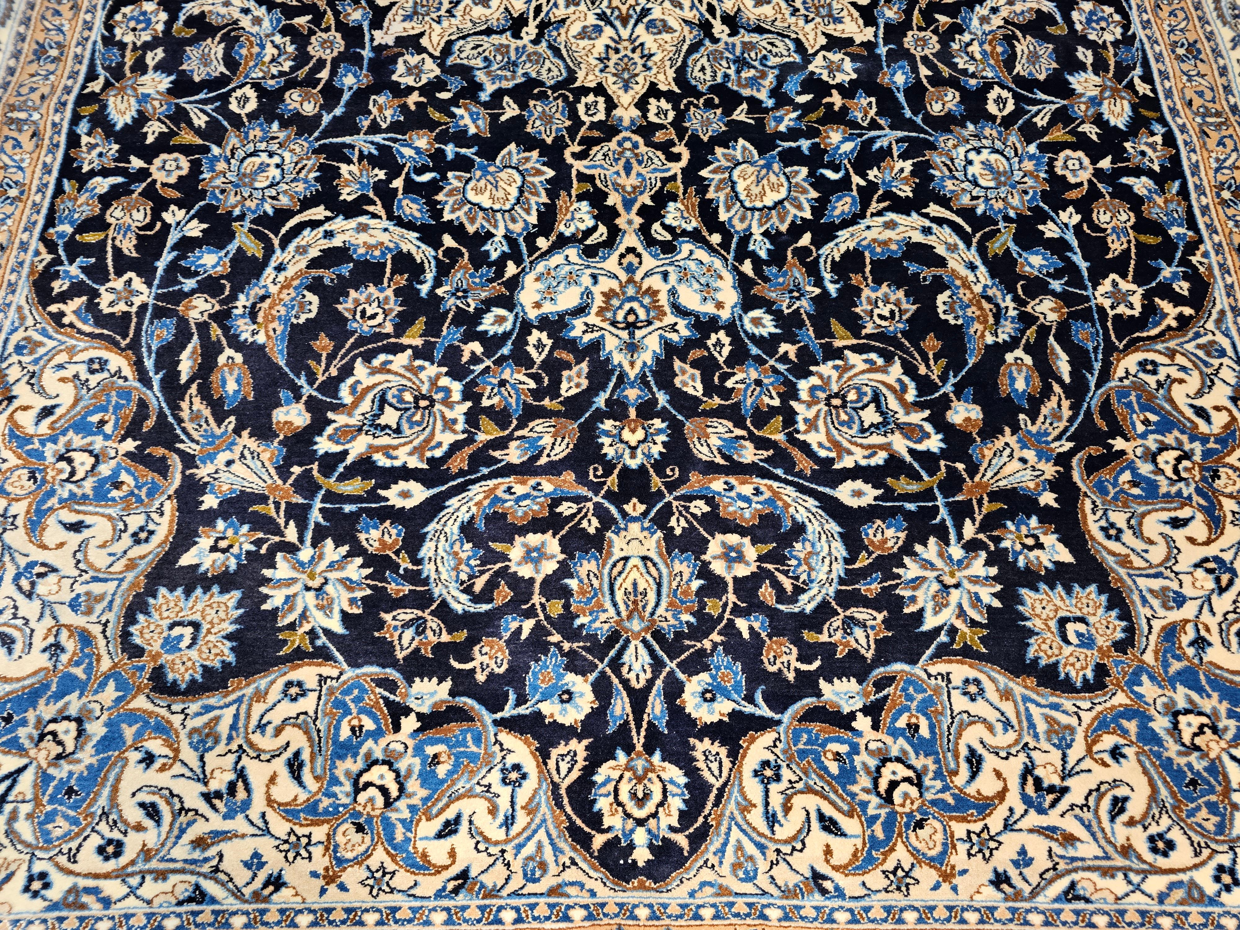Wool Vintage Room Size Persian Nain Rug with Silk Highlights  in Navy Blue & Ivory For Sale