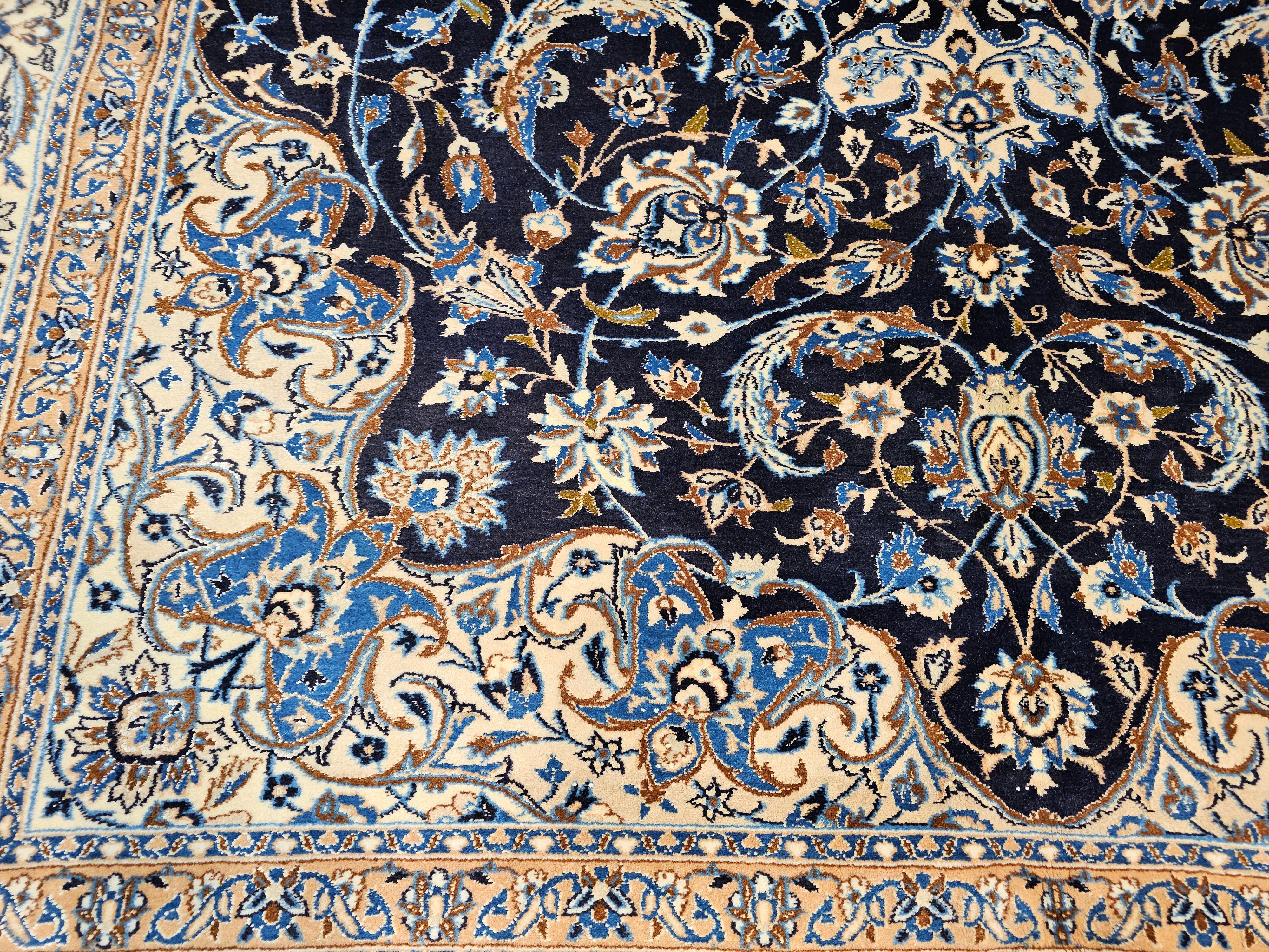 Vintage Room Size Persian Nain Rug with Silk Highlights  in Navy Blue & Ivory For Sale 1