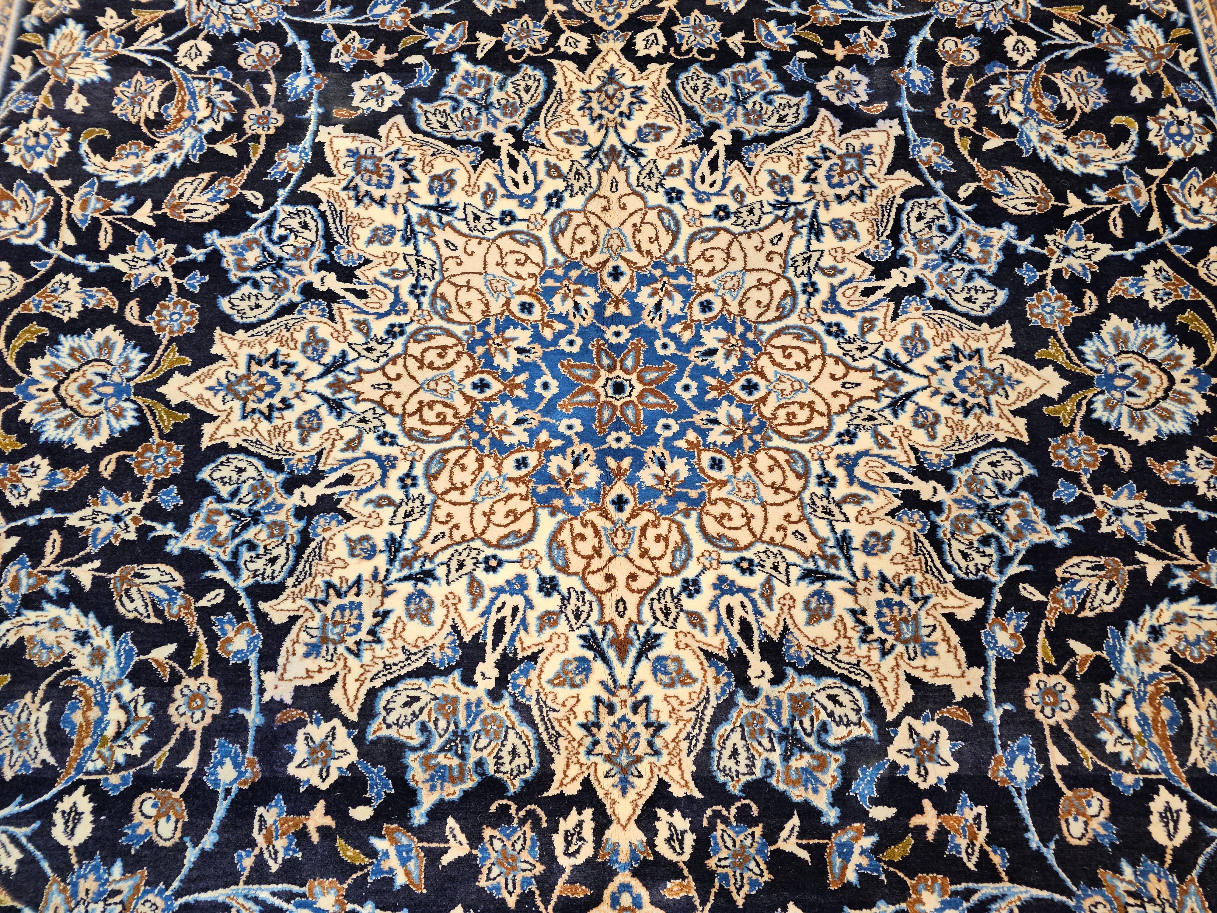 Vintage Room Size Persian Nain Rug with Silk Highlights  in Navy Blue & Ivory For Sale 2