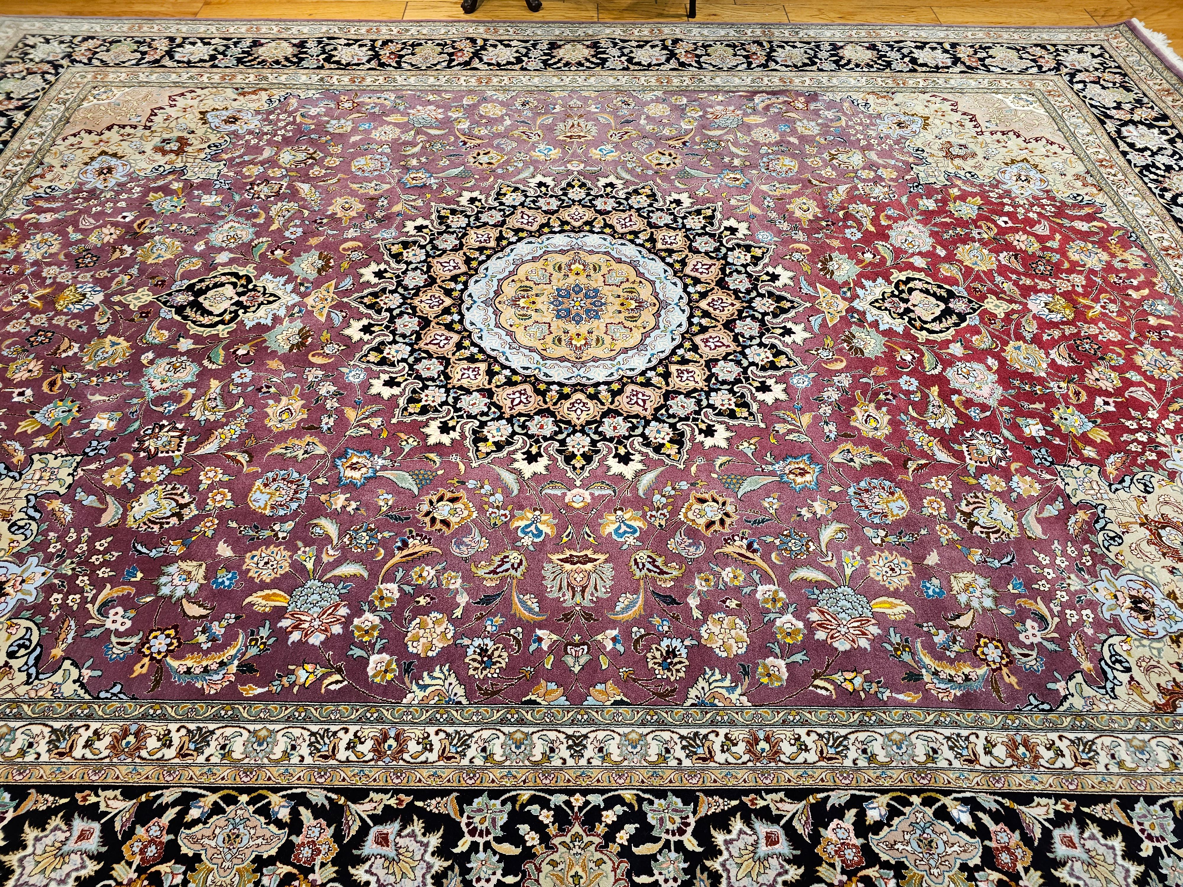 Vintage Room Size Persian Tabriz in Floral Pattern in Burgundy, Navy, Green For Sale 4