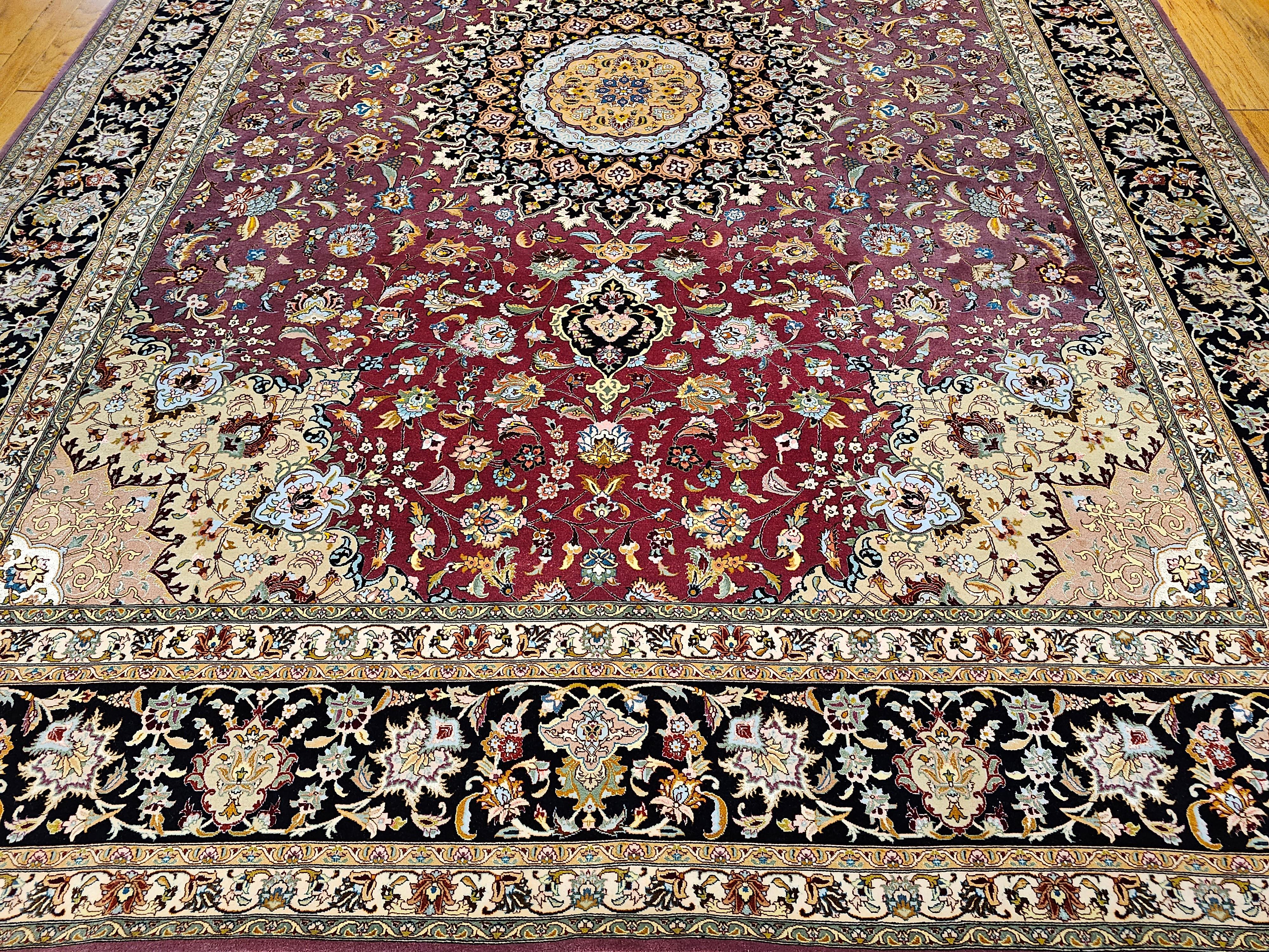 Hand-Knotted Vintage Room Size Persian Tabriz in Floral Pattern in Burgundy, Navy, Green For Sale